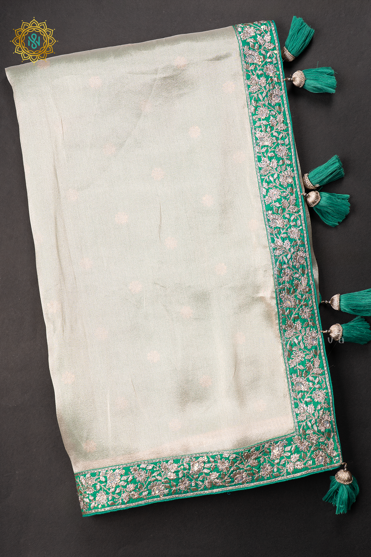 WHITE WITH GREEN - TISSUE PARTY WEAR SAREE WITH READYMADE BLOUSE