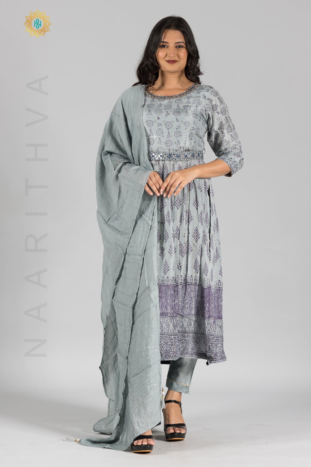 GREY - PRINTED NAYRA CUT SALWAR SUIT WITH STRAIGHT CUT PANT & DUPATTA