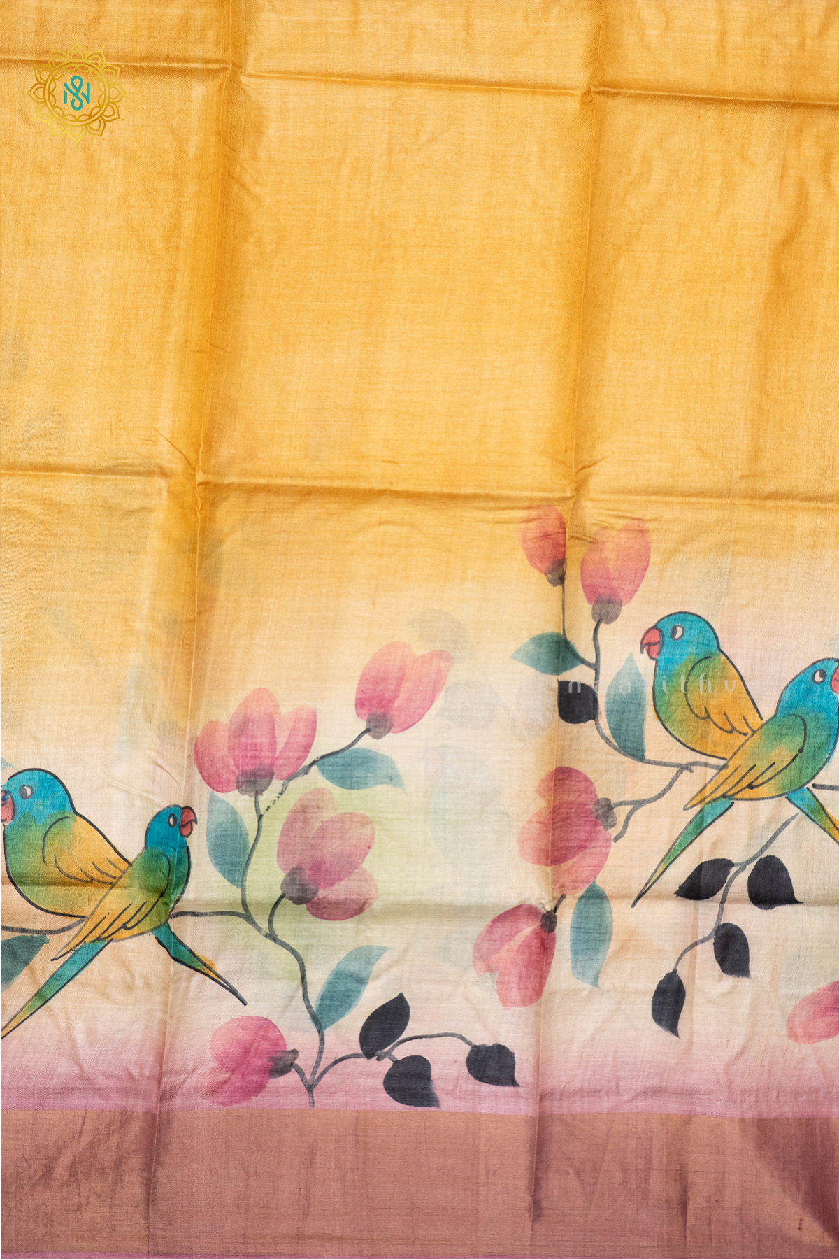 MUSTARD WITH LIGHT PINK - PURE TUSSAR SILK WITH HAND PAINTED