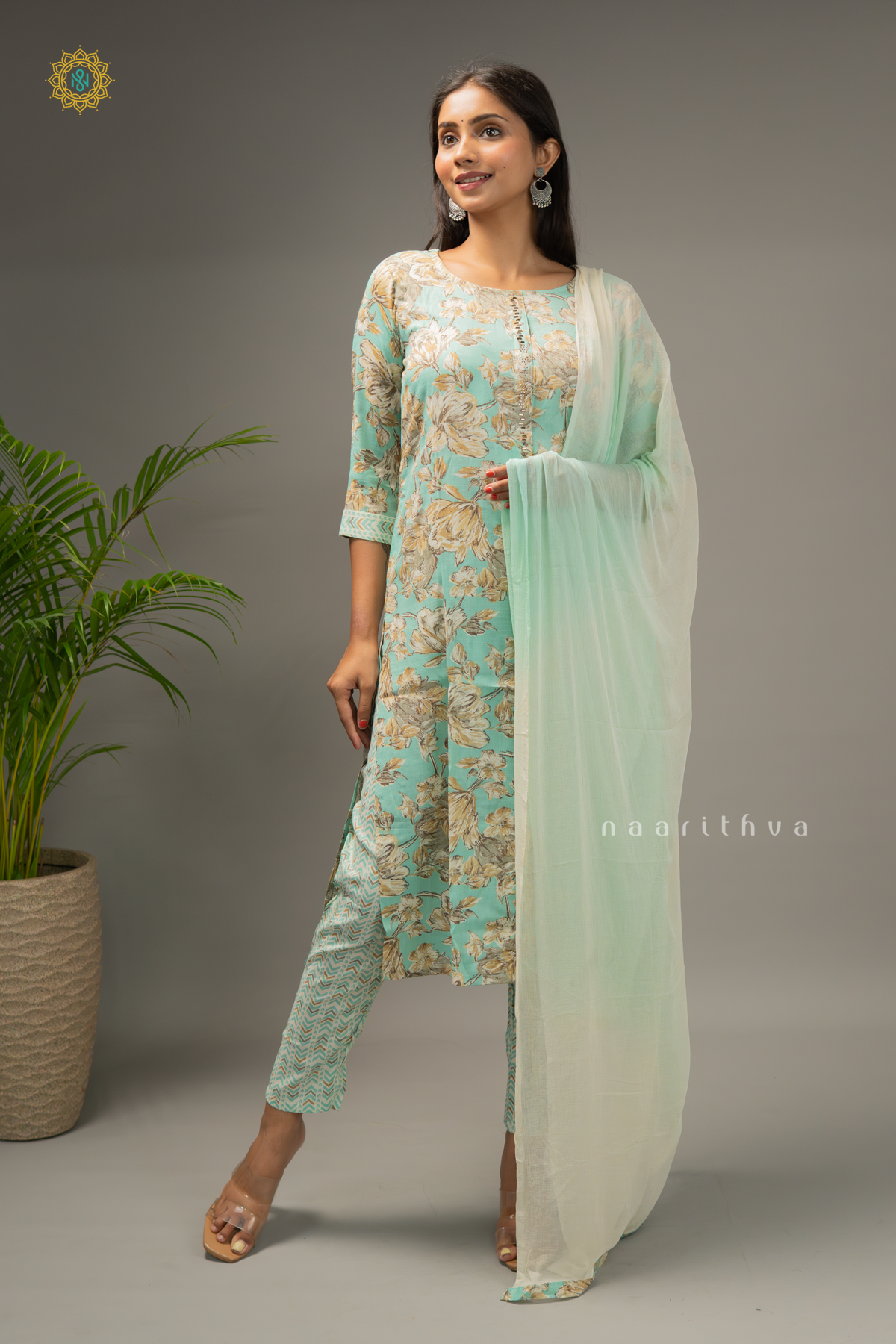 AQUA GREEN - 3PC SALWAR SUIT WITH PRINTED TOP, DUPATTA & BOTTOM