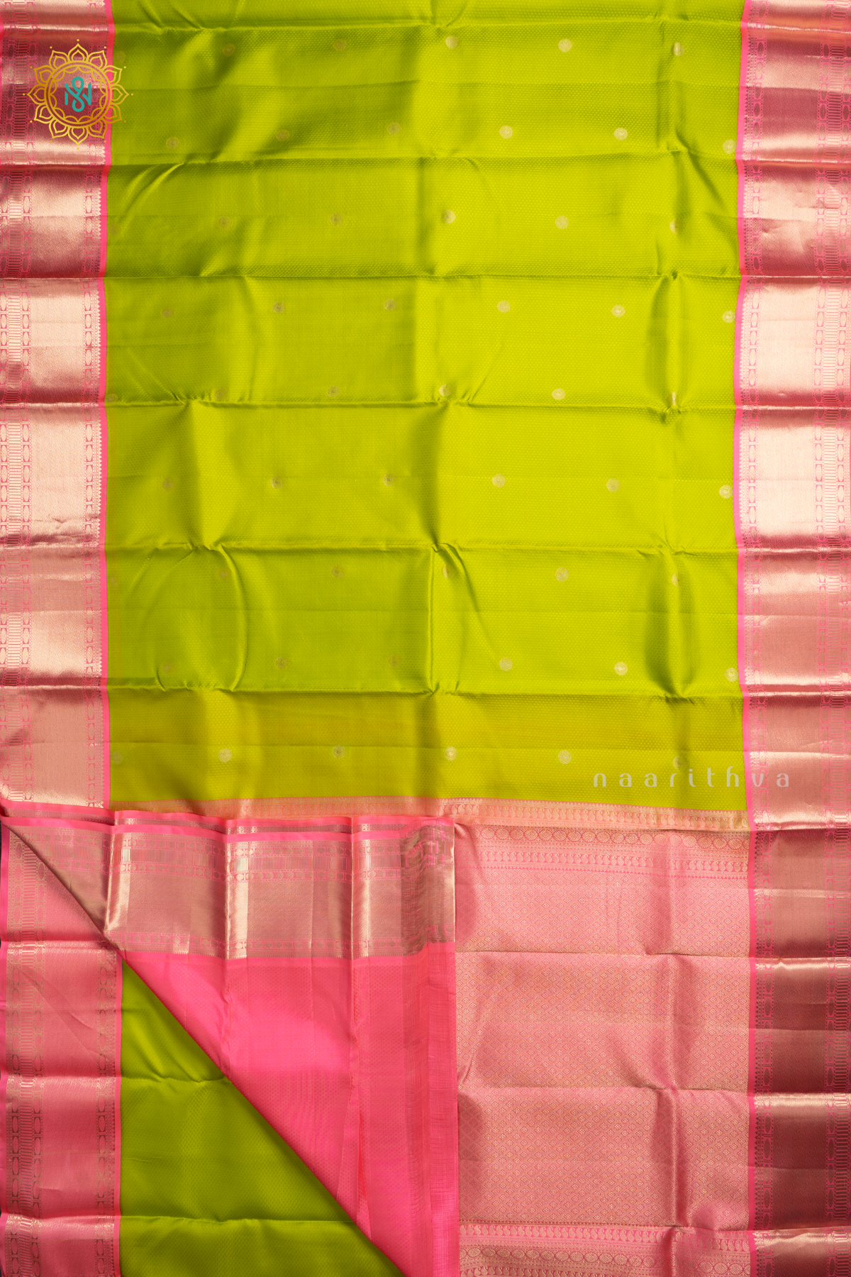 Parrot Green with Light Pink Pure Kanjivaram Silk Saree with Zari Woven Buttas and Contrast Zari Border