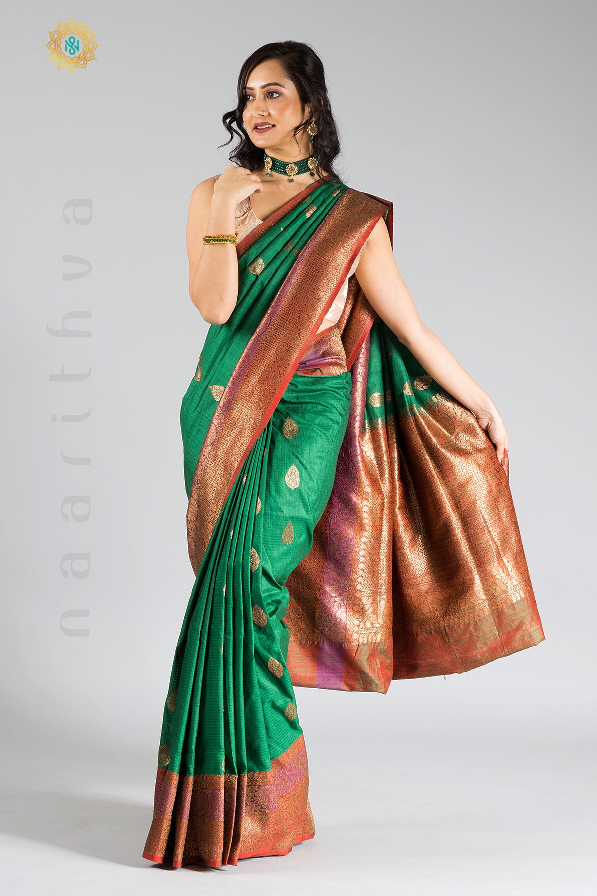 GREEN - PURE MATKA DUPION SILK WITH ZARI WOVEN BUTTA & CONTRAST BLOUSE