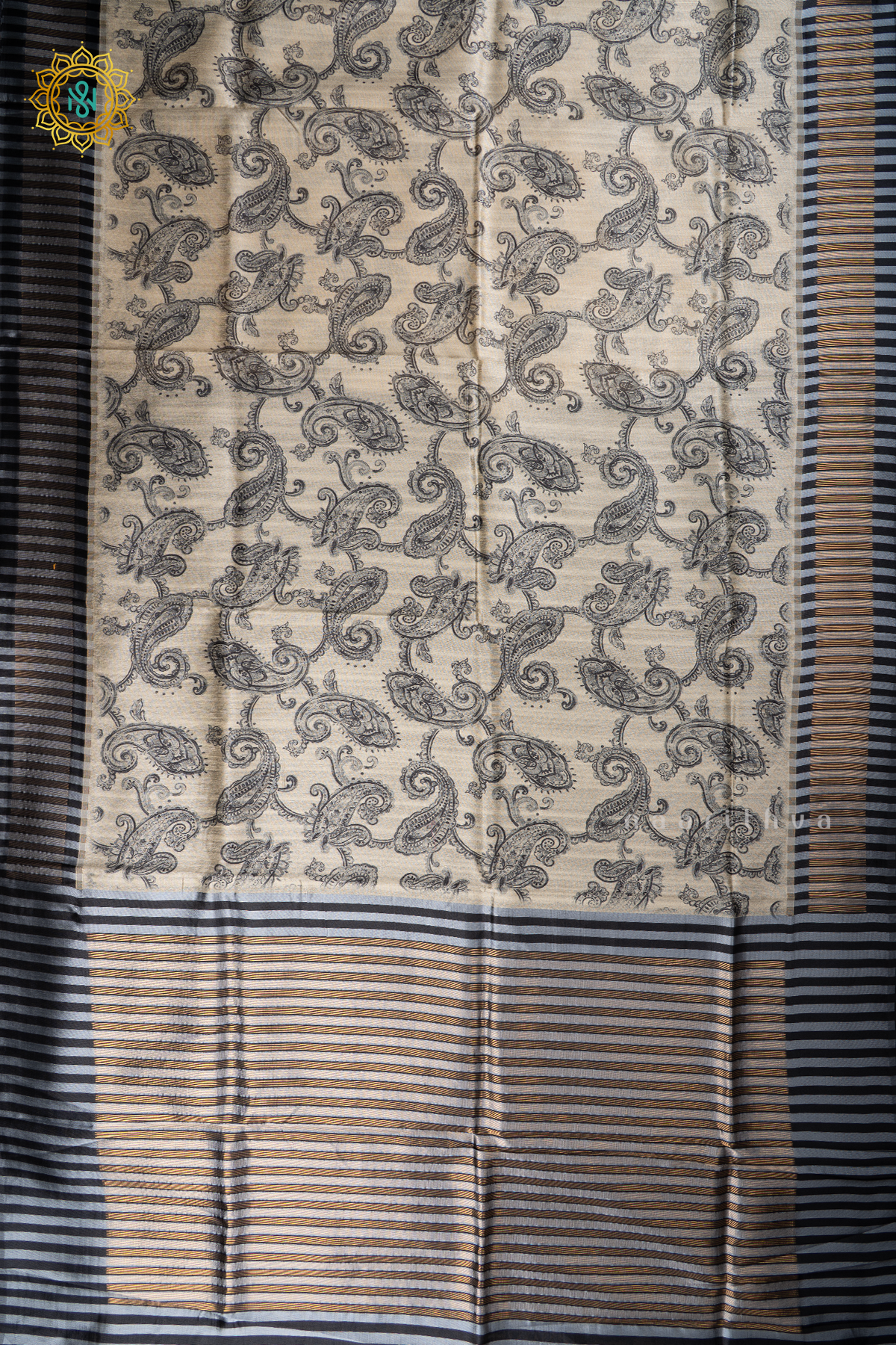 Beige With Black Semi Tussar Silk With Printed Body With Zari Border & Pallu