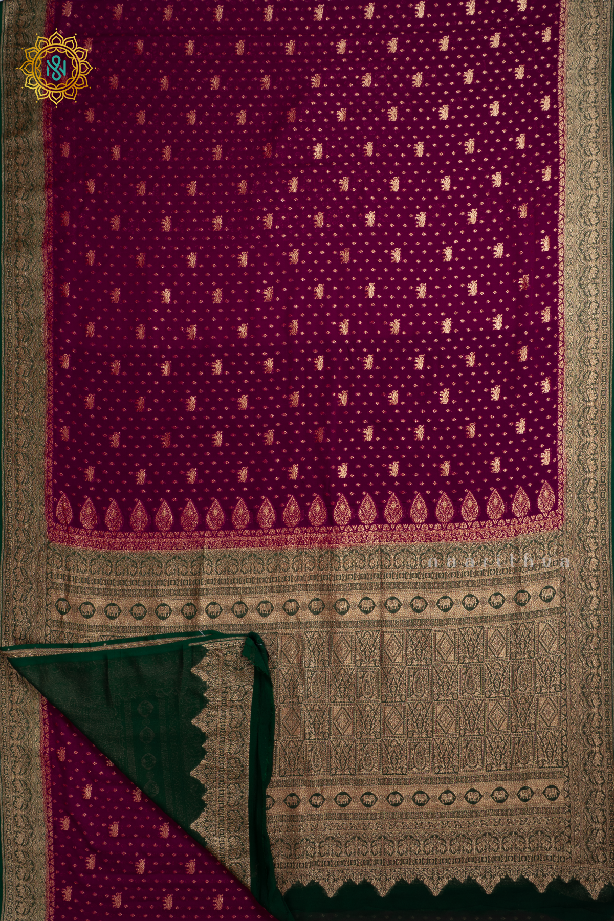 Wine With Green Pure Banarasi Khaddi Georgette Allover Antique Zari Buttas On The Body With Contrast Zari Border & Pallu