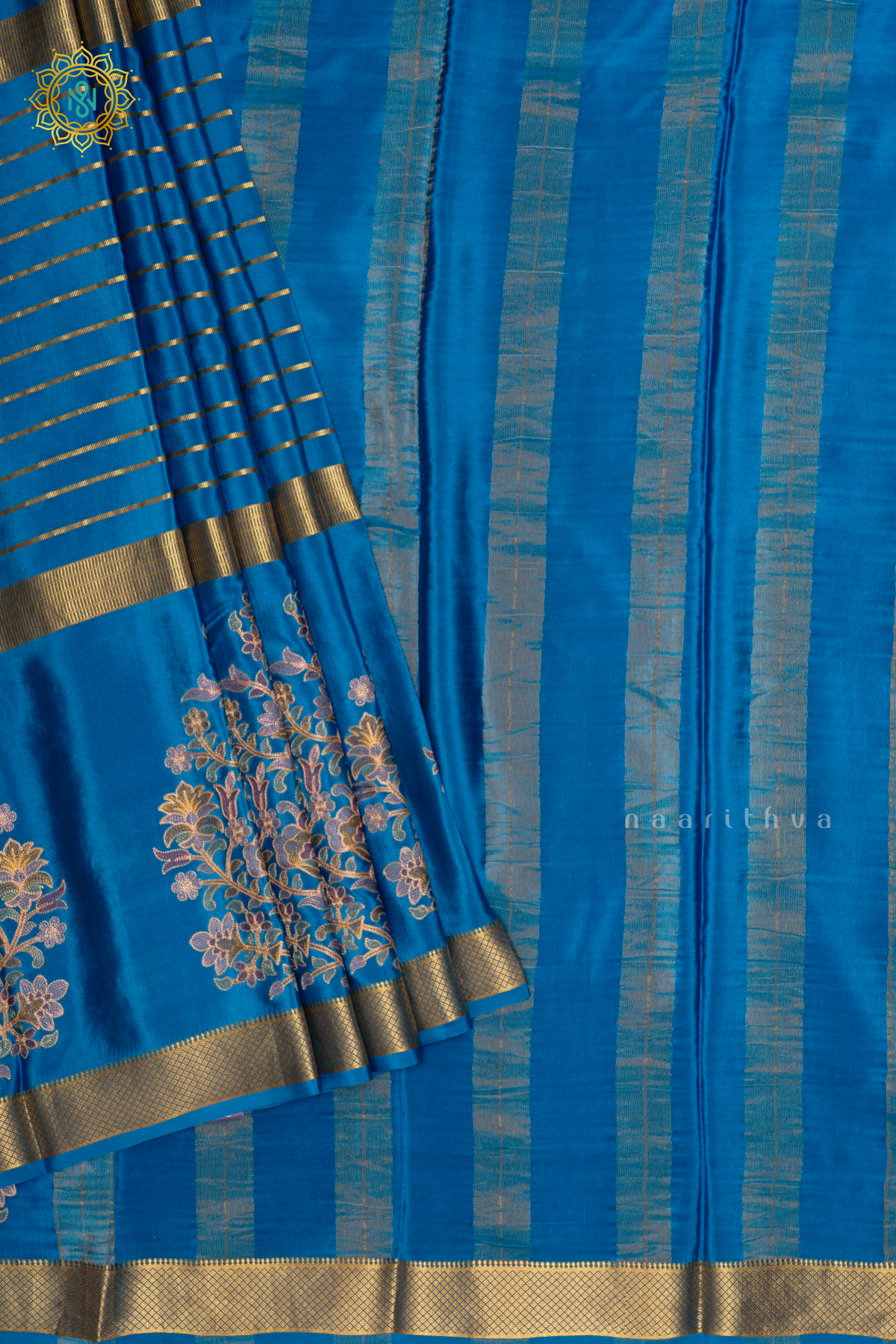 Sky Blue Pure Mysore Crepe Silk Saree With Zari Striped Body And Zari Printed Gap Border Saree With Plain Body And Contrast Zari Border