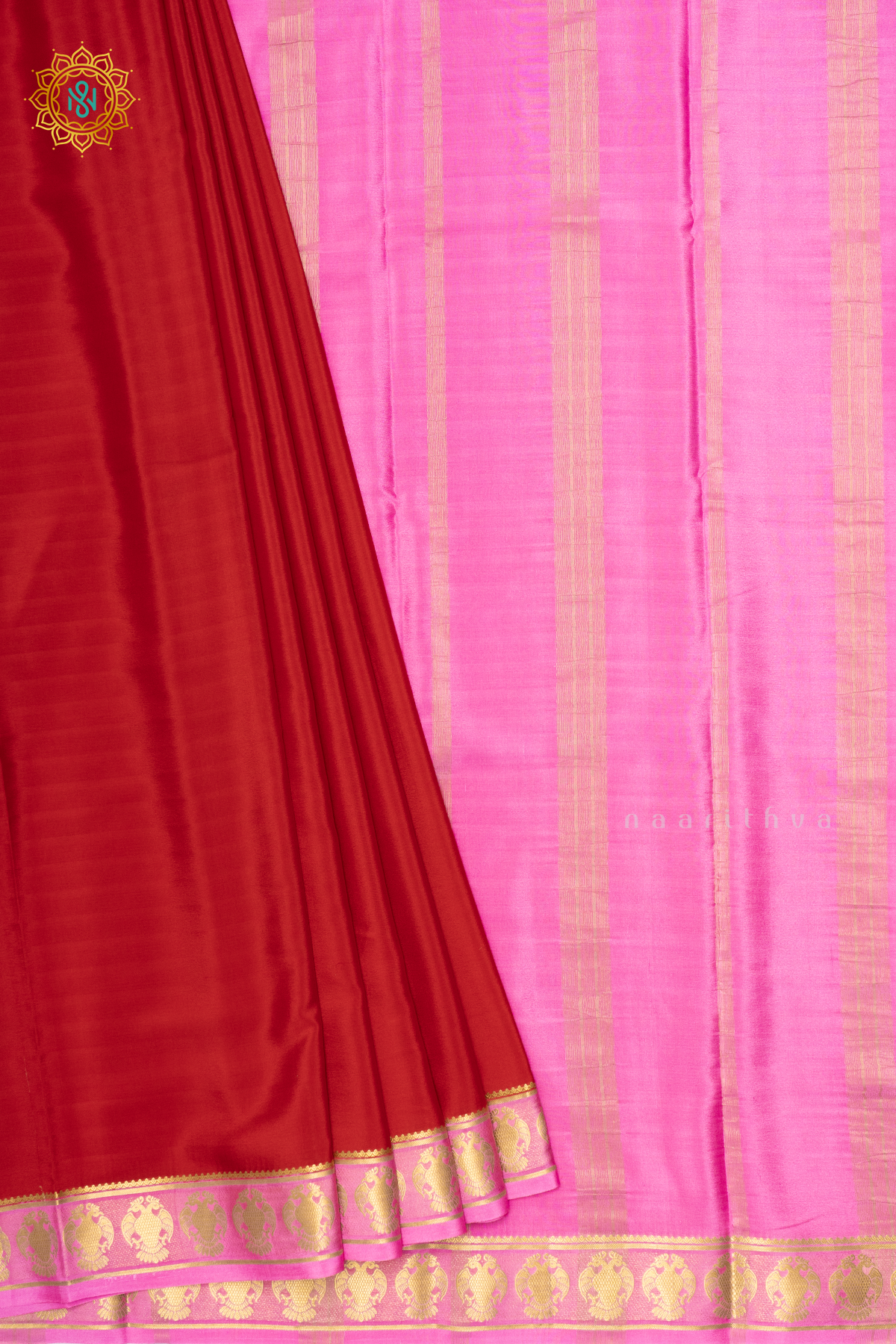 RED WITH LIGHT PINK - PURE MYSORE CREPE SILK