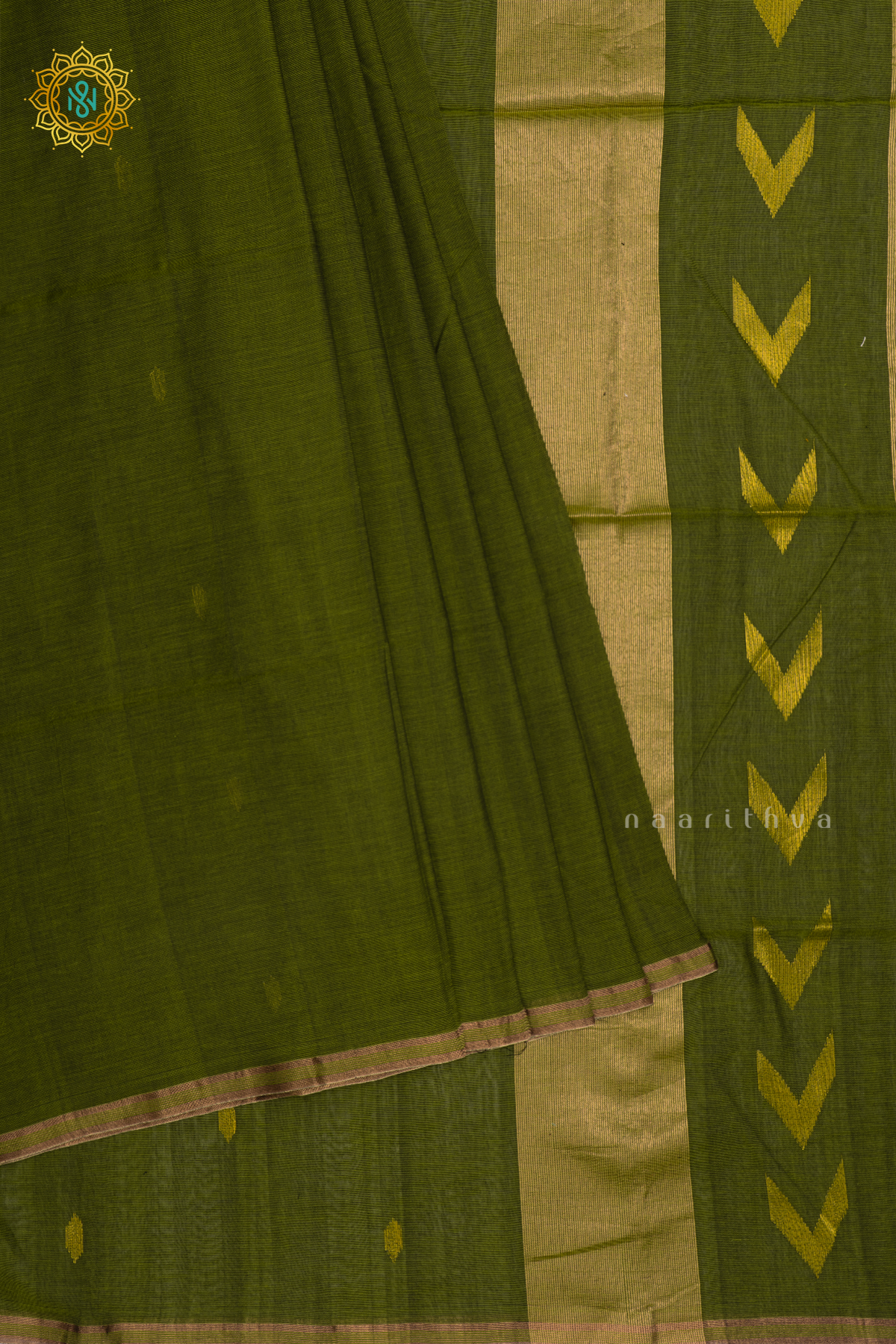 Olive Green Mul Cotton Saree With Thread Woven Buttas On The Body And Contrast Border