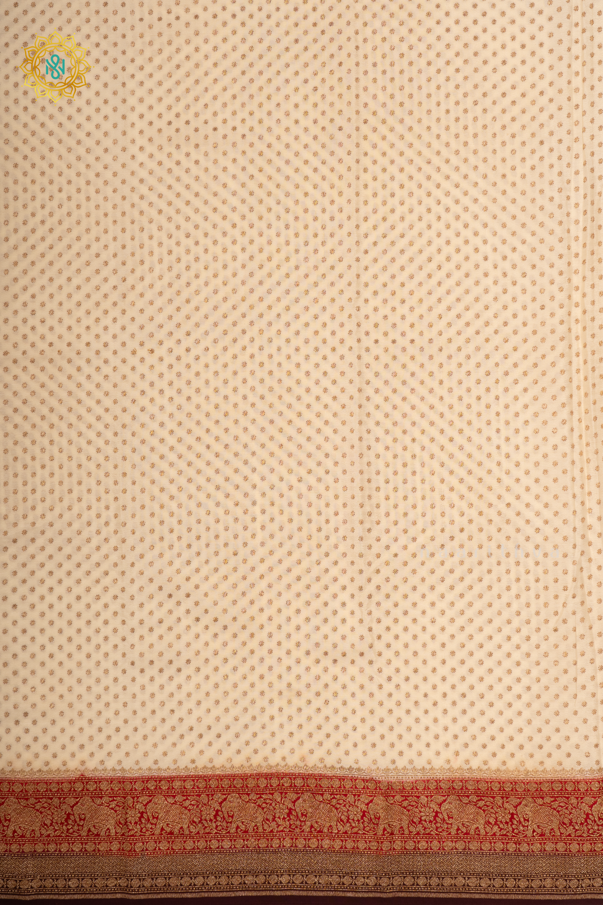 WHITE WITH RED & BROWN - PURE BANARASI CREPE SILK