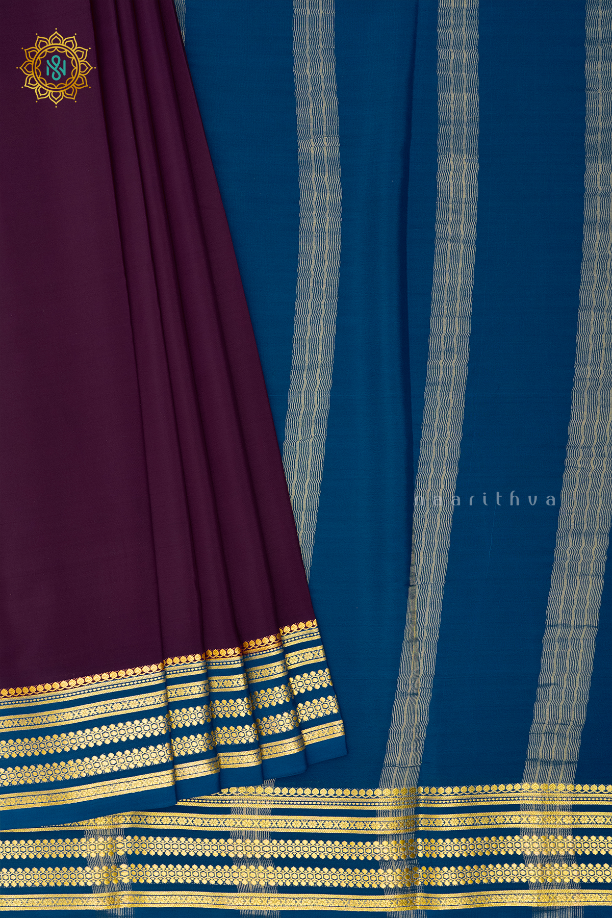 WINE WITH PEACOCK BLUE - PURE MYSORE CREPE SILK