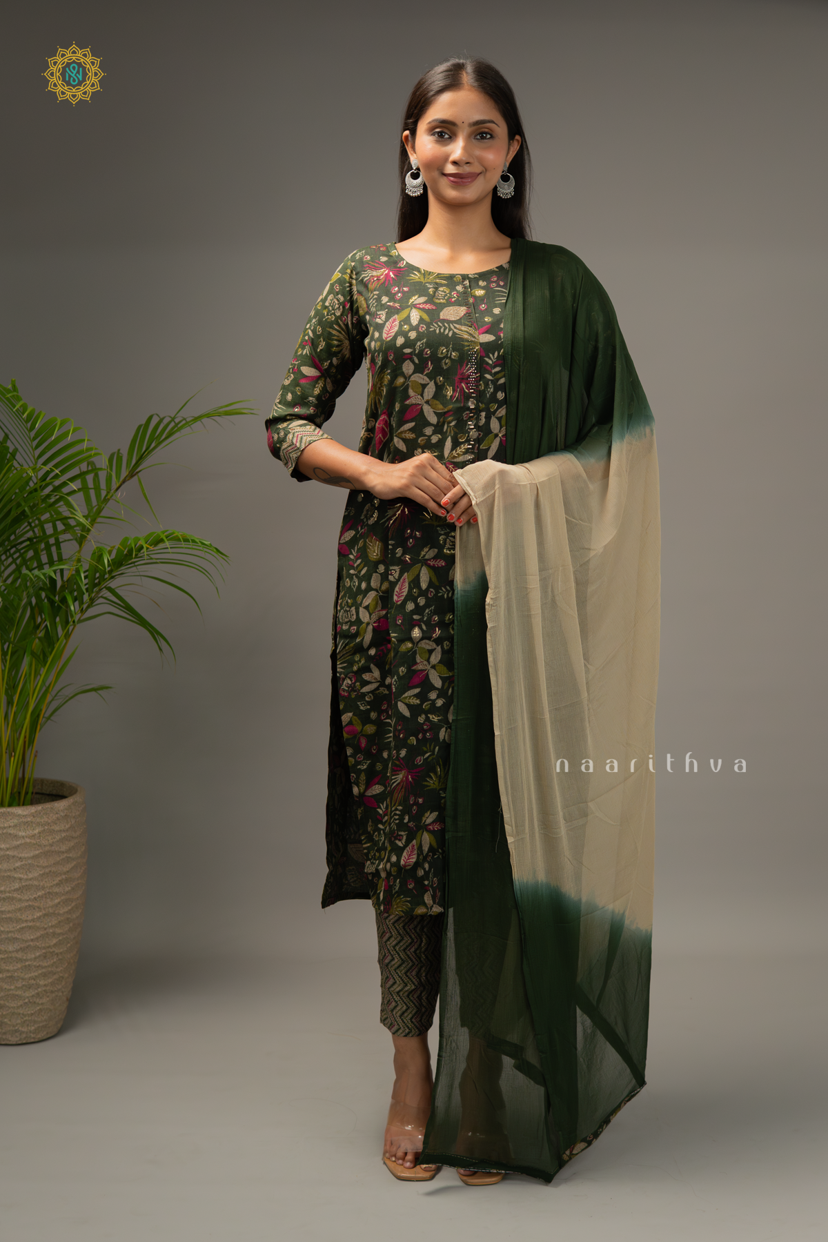 GREEN - COTTON 3PC SALWAR SUIT WITH TOP, BOTTOM & DUPATTA