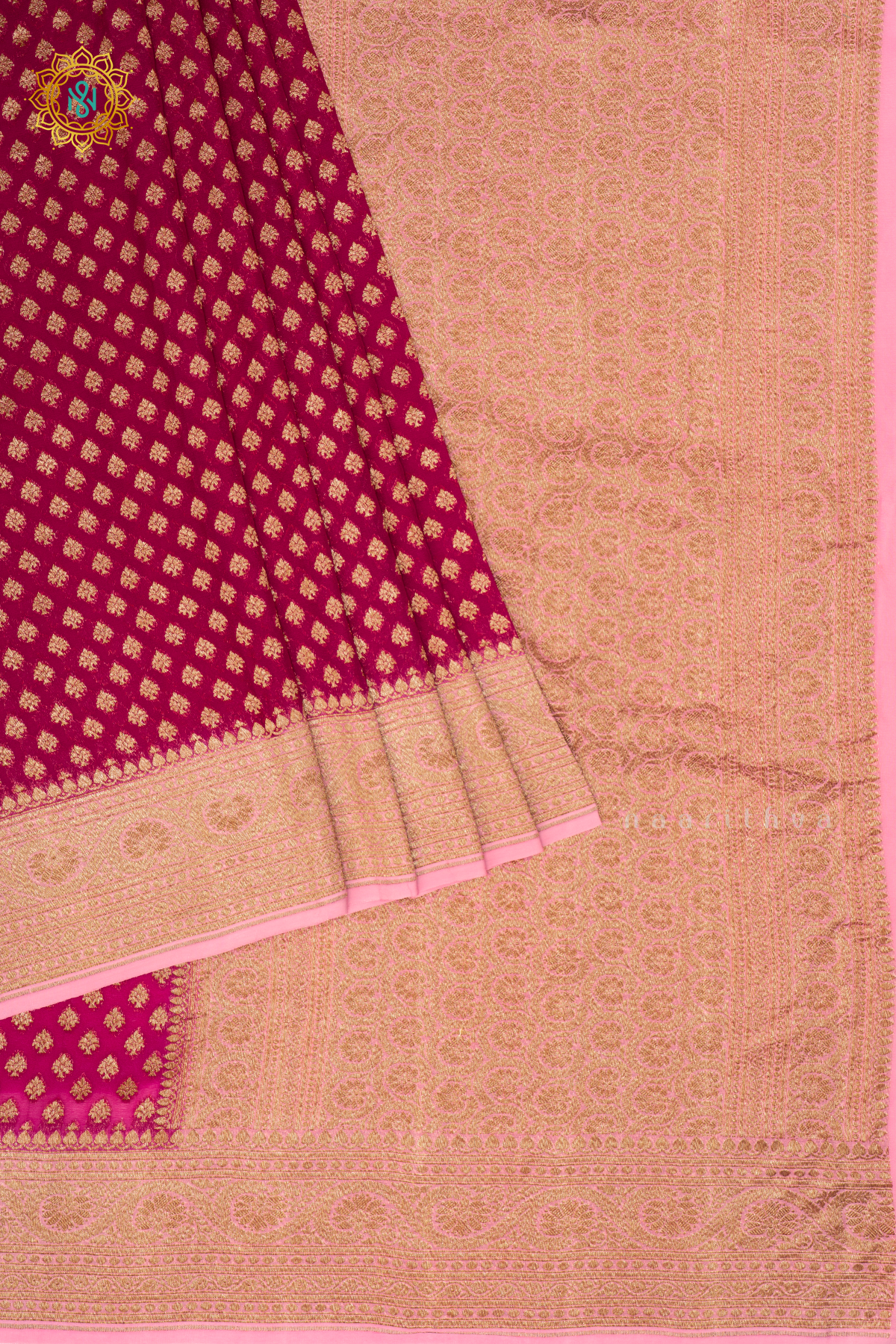 RANI PINK WITH LIGHT PINK - PURE BANARASI KHADDI GEORGETTE SAREE ALLOVER ZARI WOVEN BUTTAS AND CONTRAST ZARI WOVEN BORDER