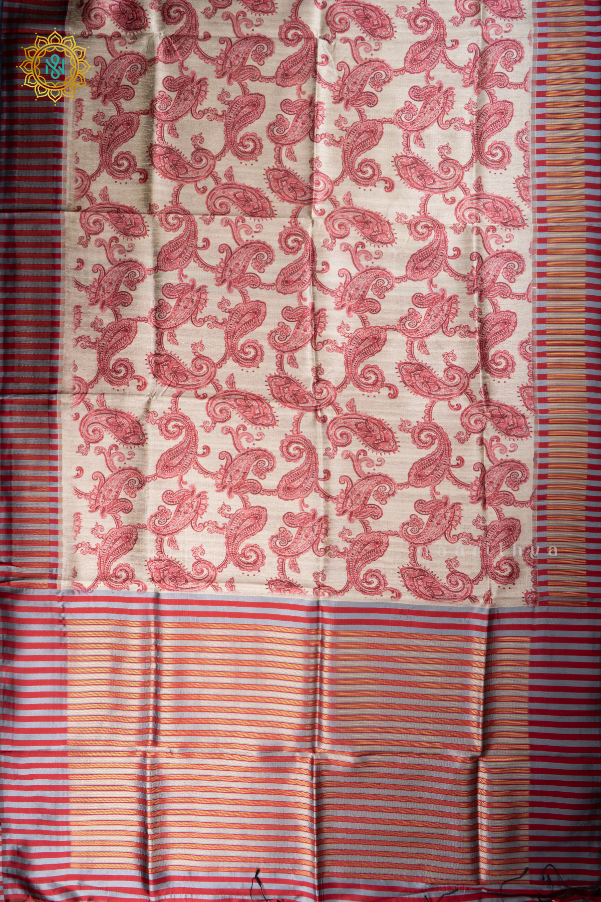 Beige With Red Semi Tussar Silk With Printed Body With Zari Border & Pallu