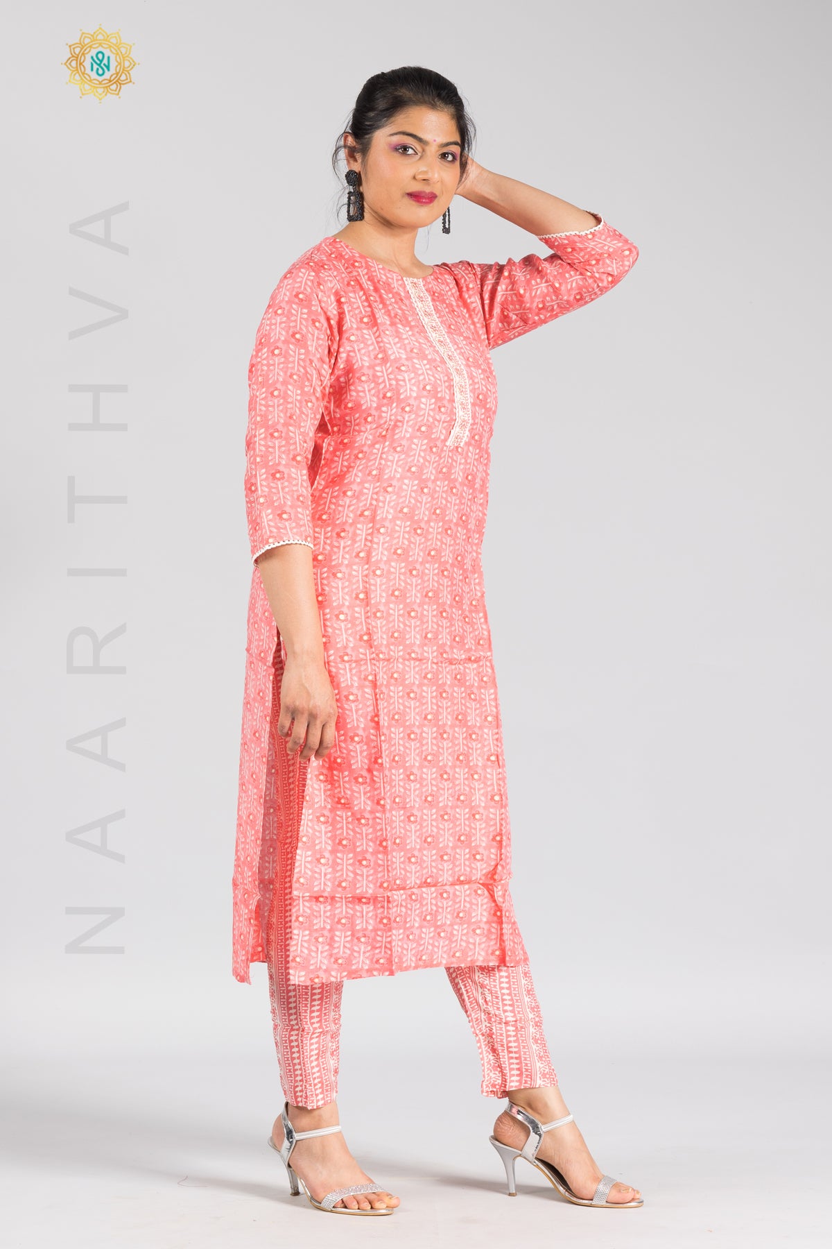 PEACH - PRINTED STRAIGHT CUT KURTI & BOTTOM SUIT