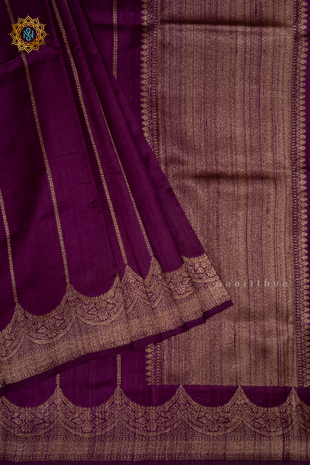 MAGENTA - PURE BANARASI RAW SILK SAREE WITH ALLOVER ZARI STRIPES AND SCALLOP BORDER