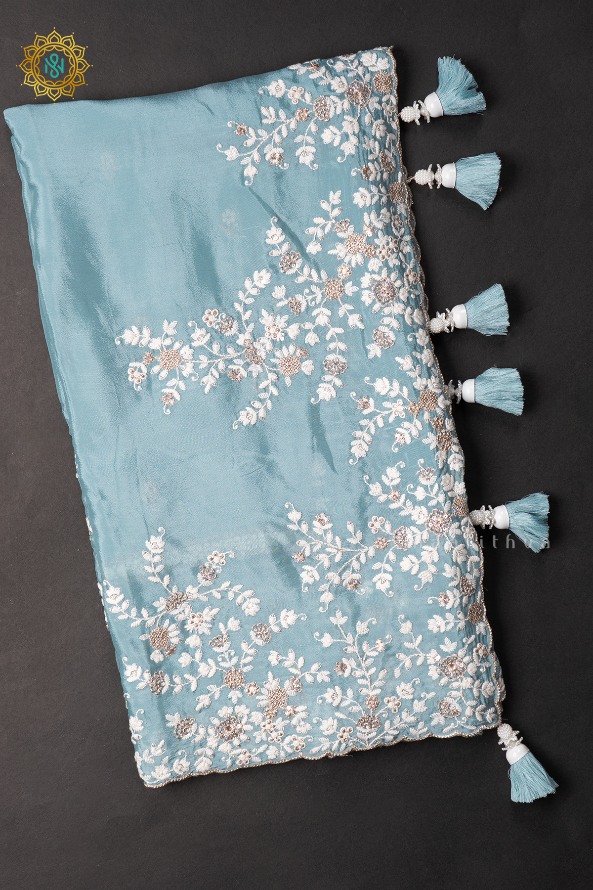 AQUA BLUE - CRPE PARTY WEAR SAREE WITH READYMADE BLOUSE