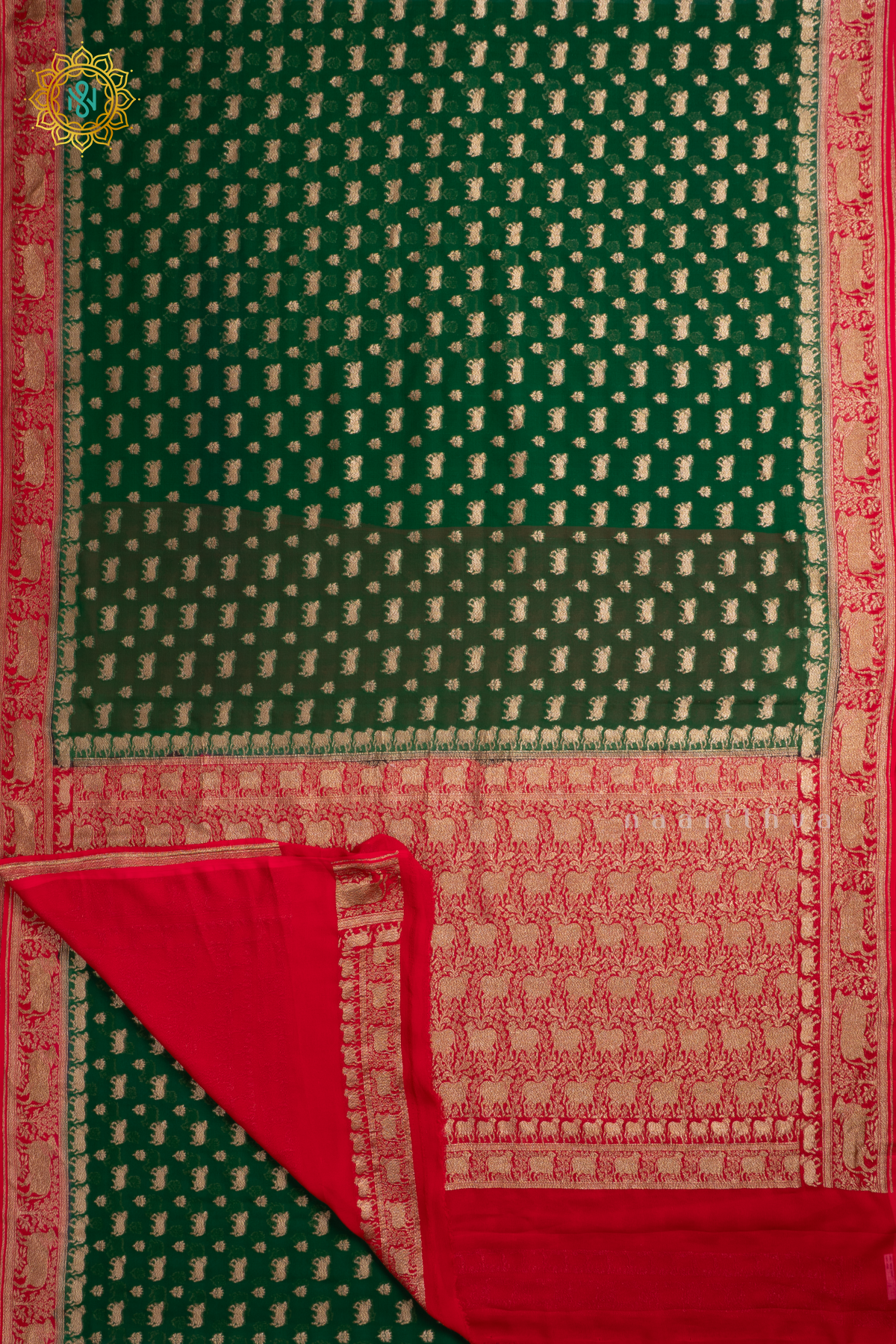 Green With Red Pure Banarasi Khaddi Georgette Allover Antique Zari Buttas On The Body With Contrast Zari Border & Pallu