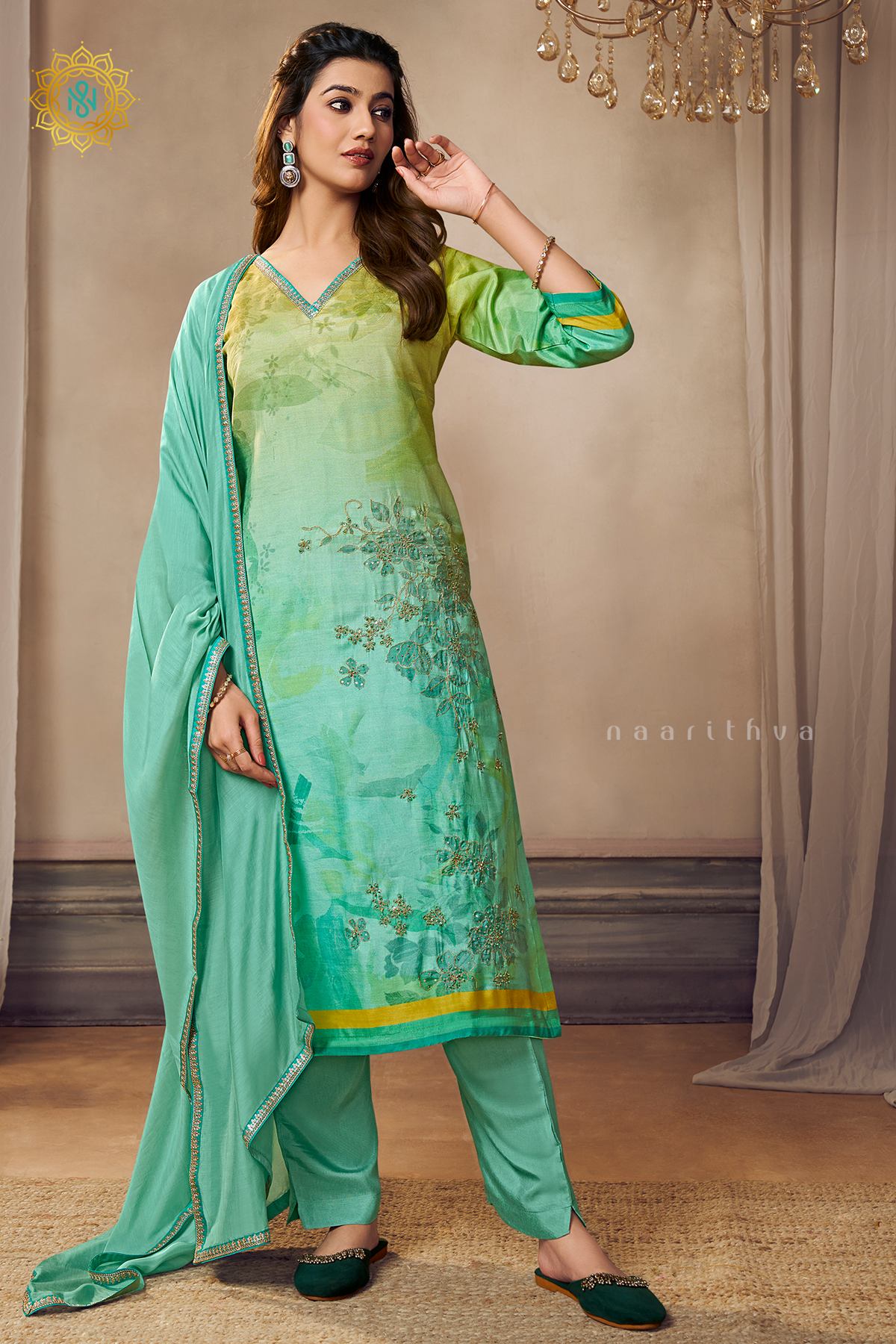 LIME GREEN WITH AQUA GREEN - CREPE 3PC SALWAR SUIT WITH TOP, BOTTOM & DUPATTA