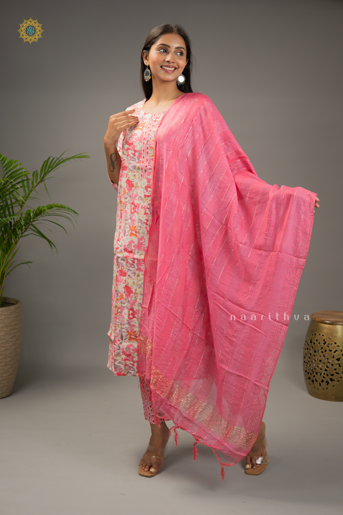 PEACHISH PINK - RAYON 3PC SALWAR SUIT WITH PRINTED TOP, BOTTOM & DUPATTA