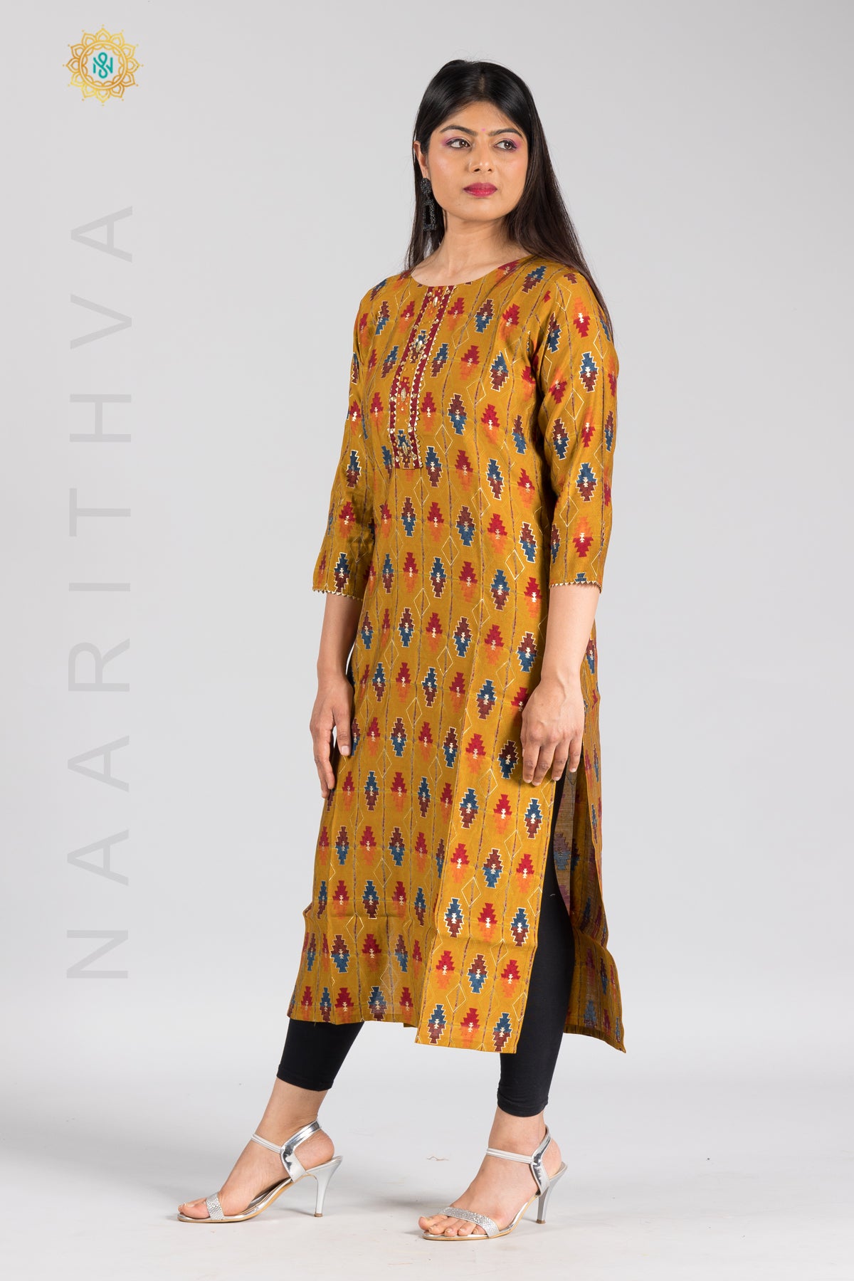 MUSTARD - MODAL SILK CASUAL PRINTED STRAIGHT CUT KURTI WITH NECK EMBROIDERY