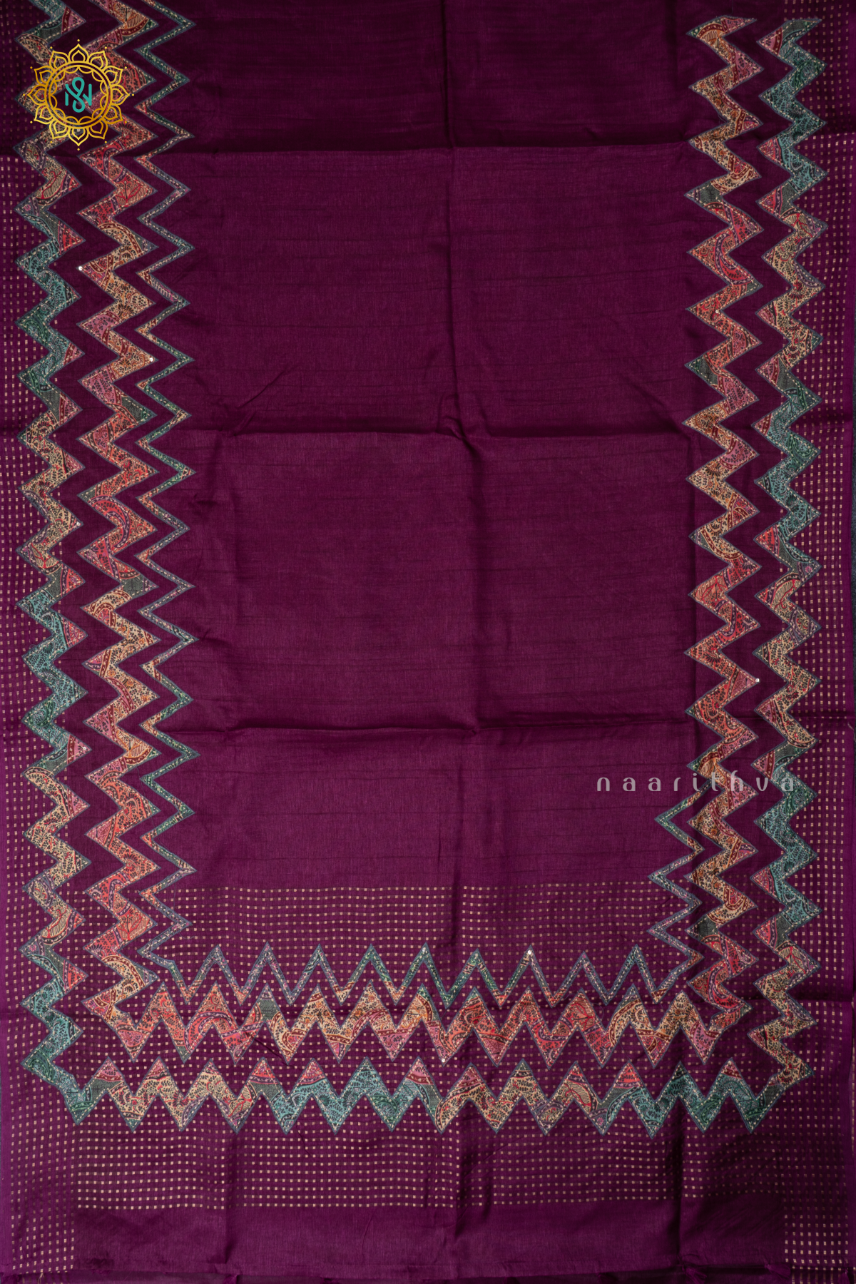 Wine Semi Tussar Silk With Applique & Katha Work Saree
