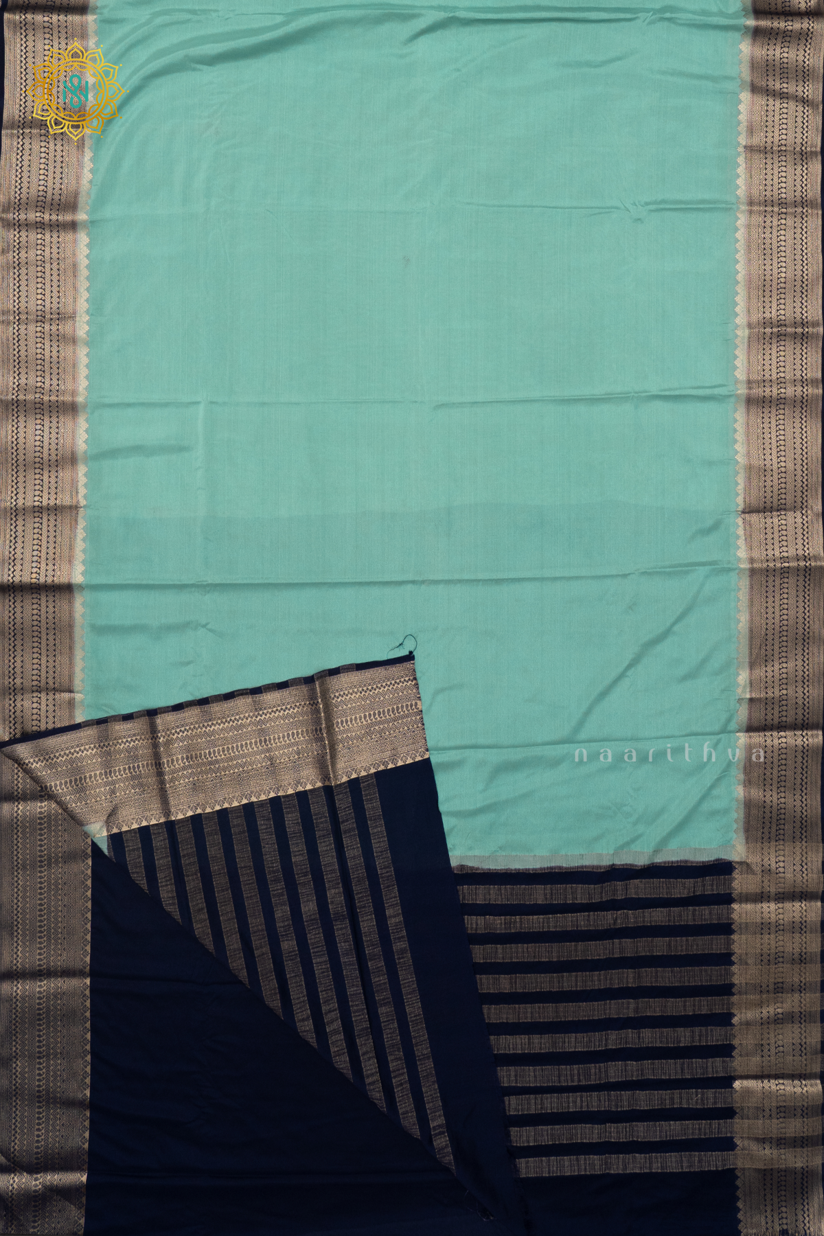 AQUA BLUE WITH NAVY BLUE - SEMI MYSORE CREPE SILK