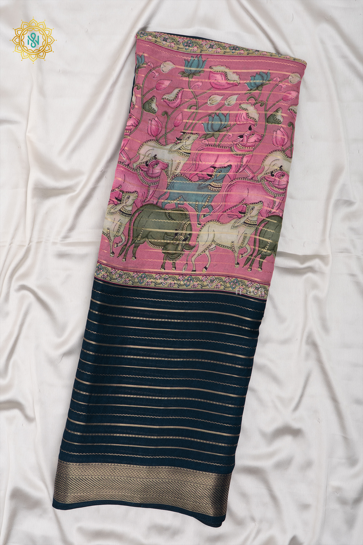 LIGHT PINK WITH TEAL BLUE - SEMI GEORGETTE