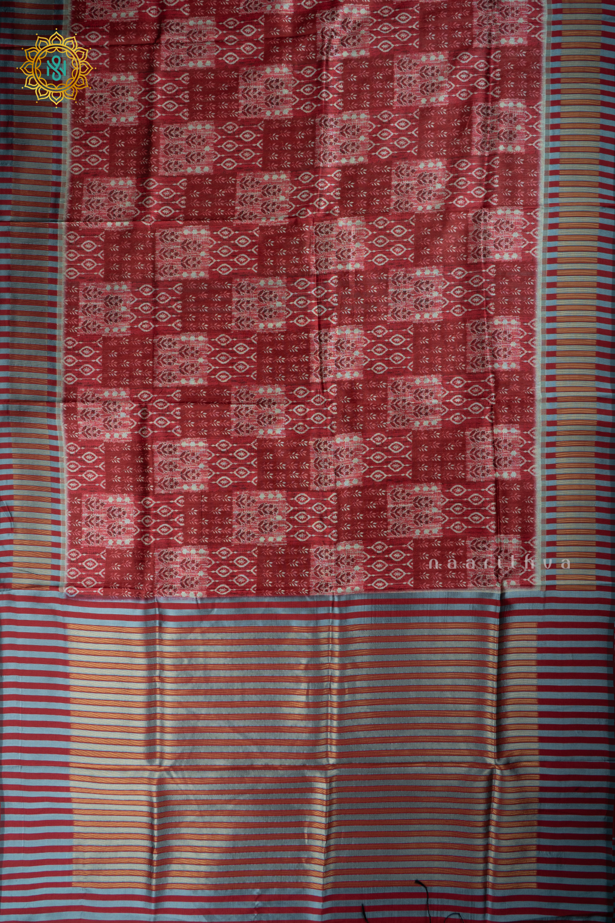 Red Semi Tussar Silk With Printed Body With Zari Border & Pallu