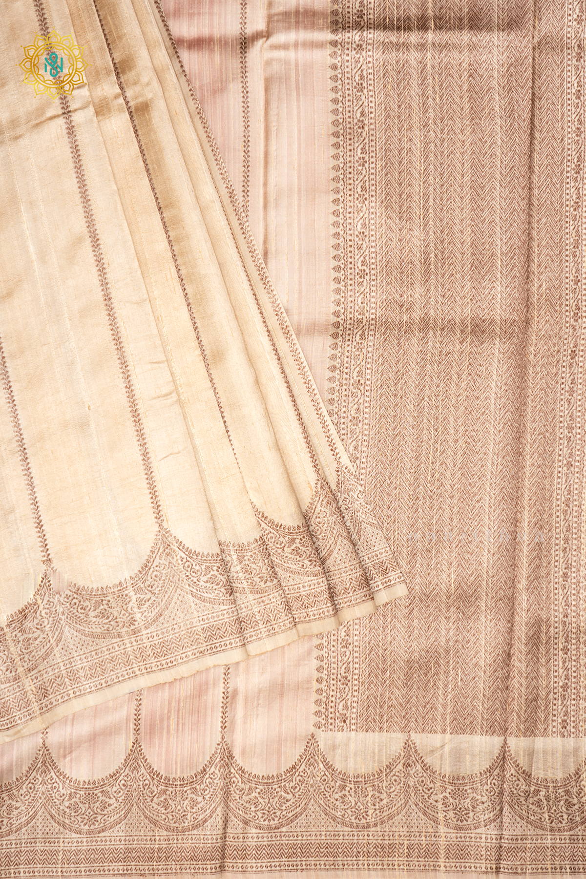 OFF WHITE - PURE BANARASI RAW SILK SAREE WITH ALLOVER ZARI STRIPES AND SCALLOP BORDER