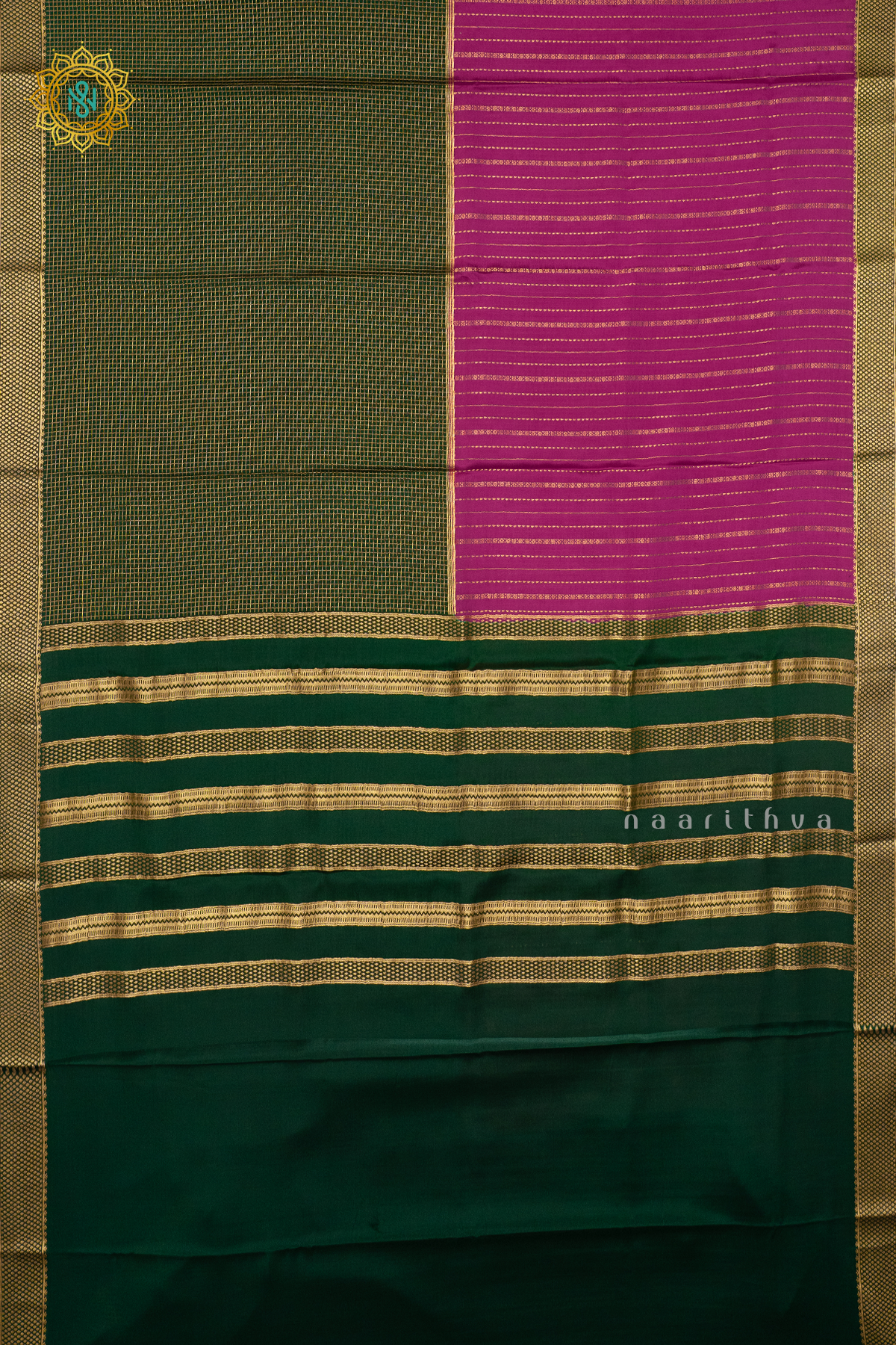 BOTTLE GREEN WITH PINK - PURE MYSORE CREPE SILK
