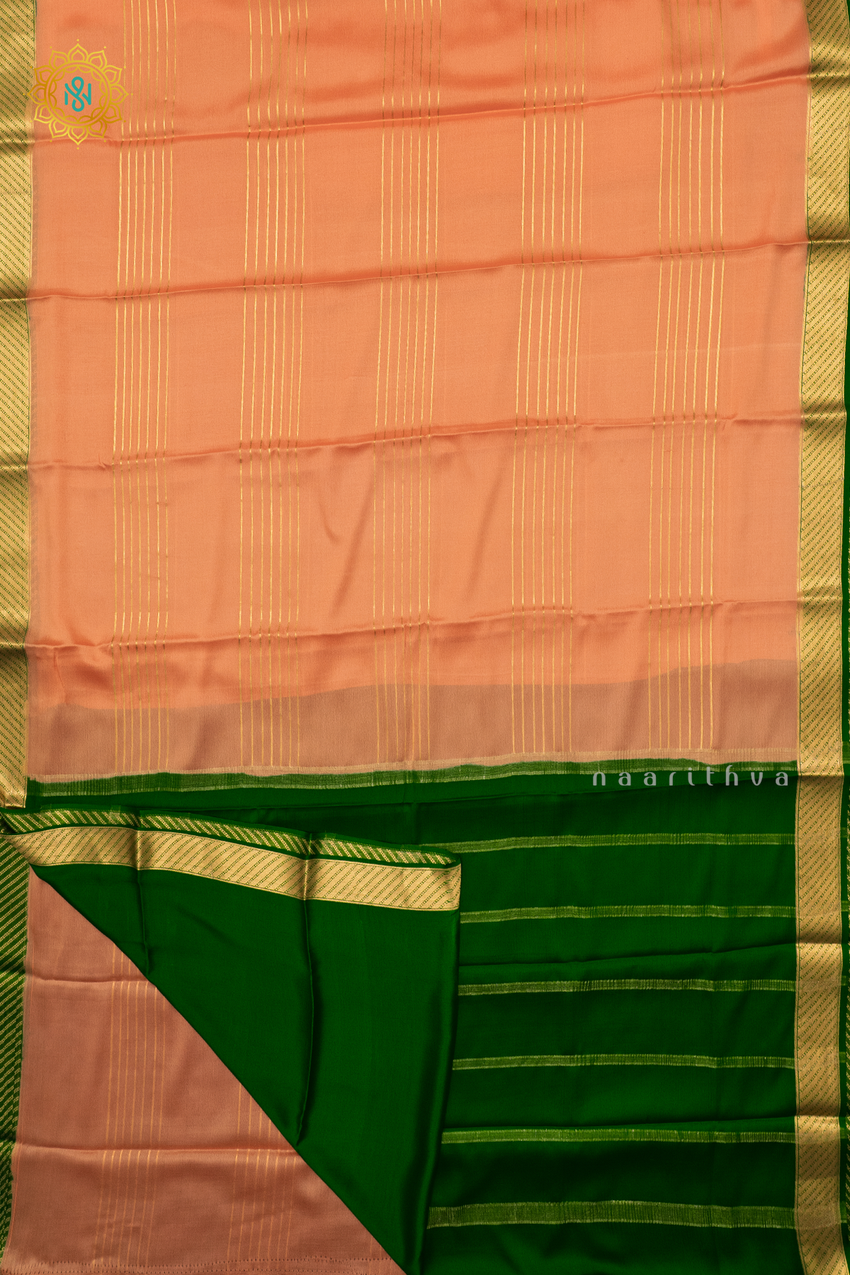 PEACHISH ORANGE WITH GREEN - PURE MYSORE CREPE SILK