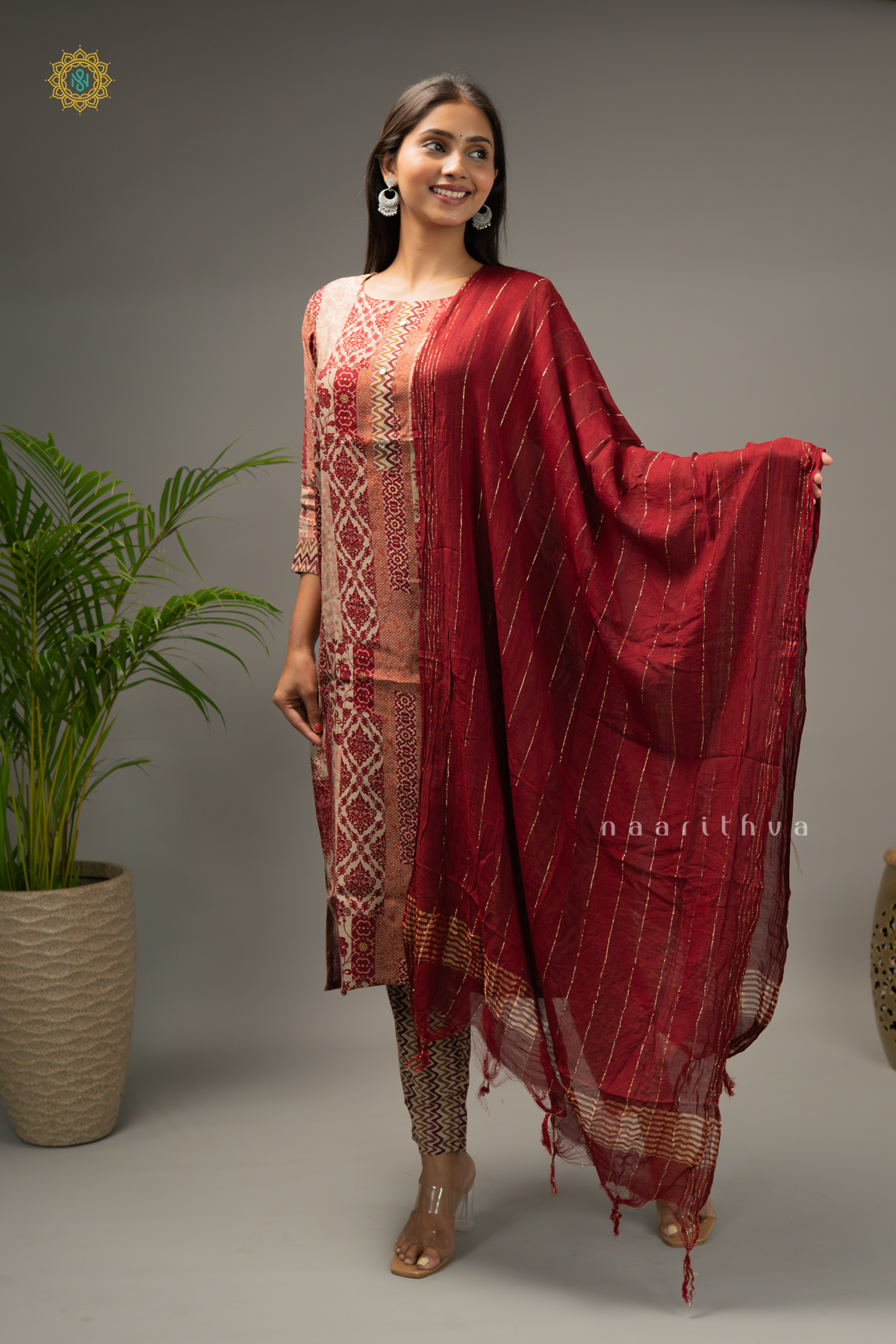 MAROON - RAYON 3PC SALWAR SUIT WITH PRINTED TOP, BOTTOM & DUPATTA