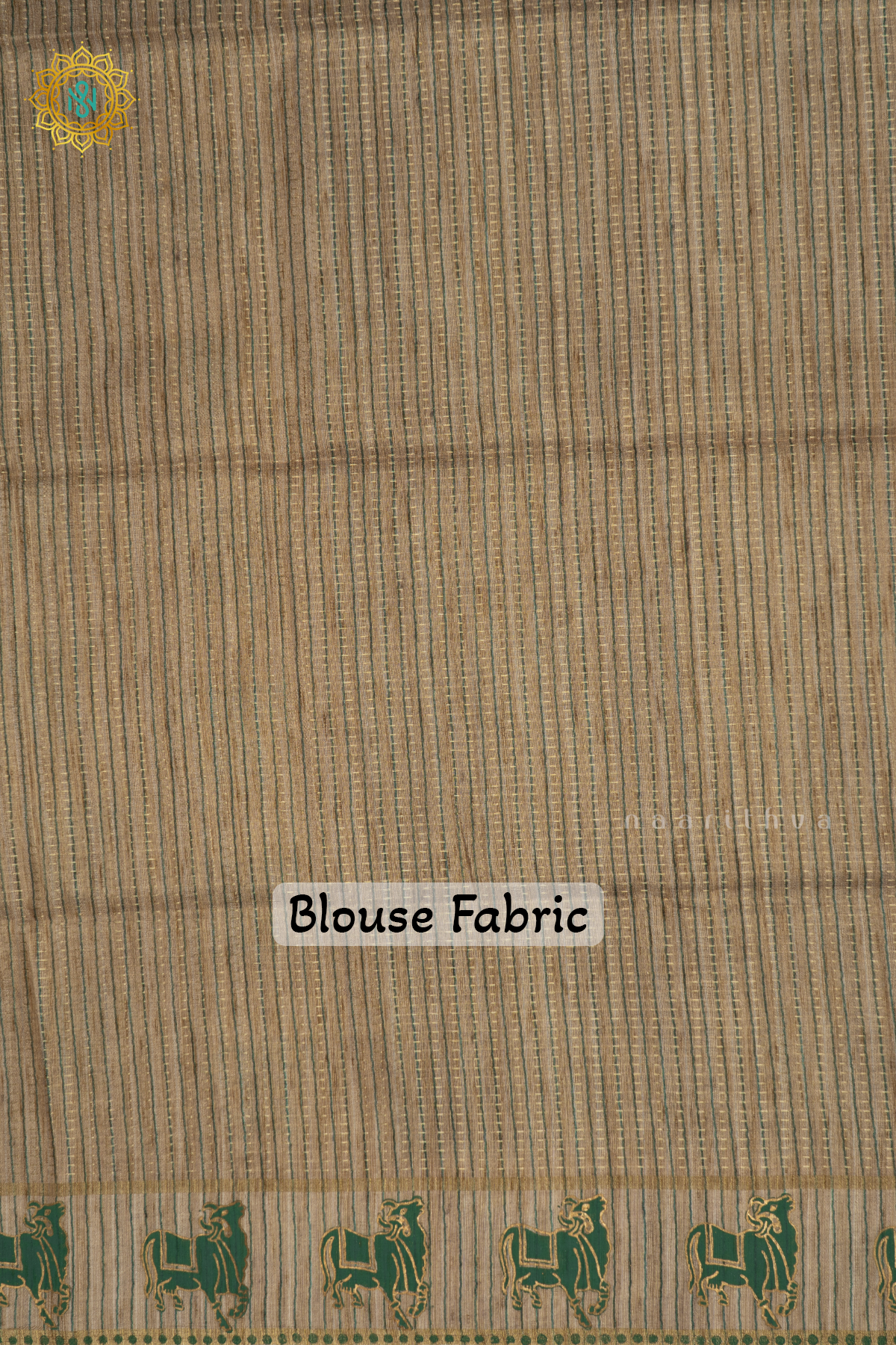 Green With Beige Semi Tussar Silk Saree With Zari Stripes On The Body, Printed Border And Contrast Blouse