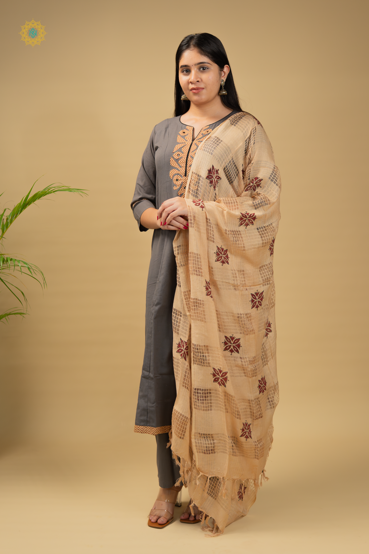 ELEPHANT GREY WITH BEIGE - COTTON 3PC SALWAR SUIT WITH TOP, BOTTOM & DUPATTA