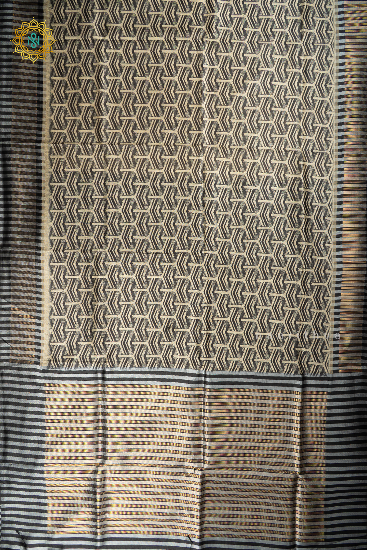 Black Semi Tussar Silk With Printed Body With Zari Border & Pallu