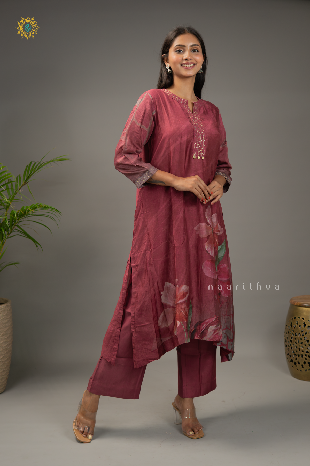 MAROON - MUSLIN 2PC SALWAR SUIT WITH FLORAL PRINTED TOP & BOTTOM