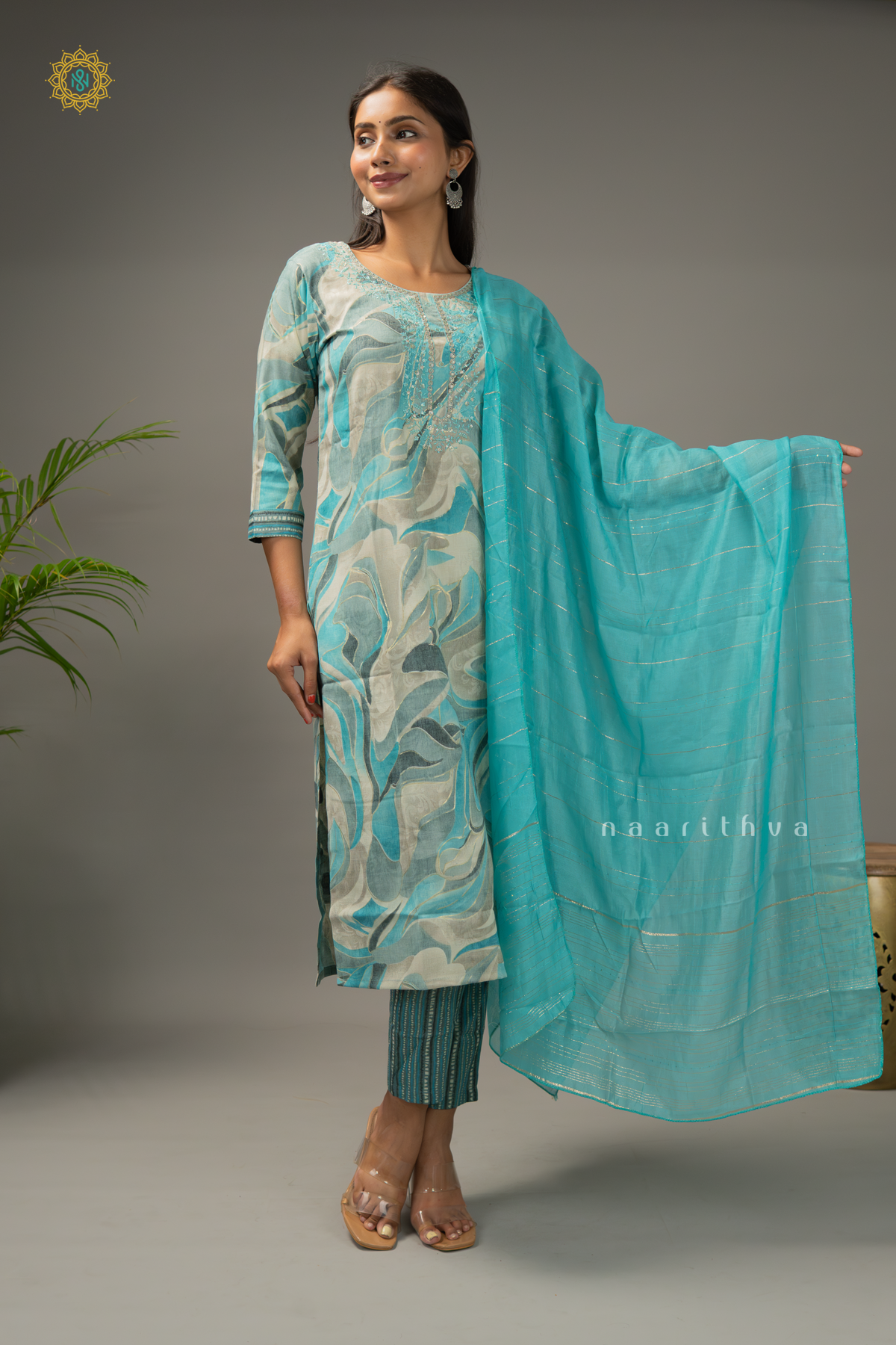 AQUA BLUE - COTTON 3PC SALWAR SUIT WITH PRINTED TOP, BOTTOM & DUPATTA