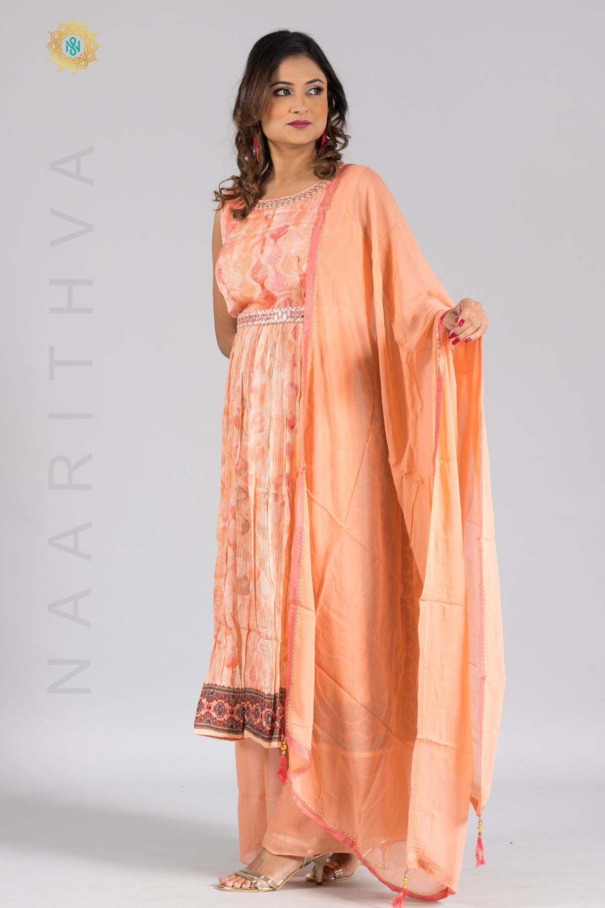 PEACH - PRINTED NAYRA CUT SALWAR SUIT WITH PALAZZO PANT & DUPATTA
