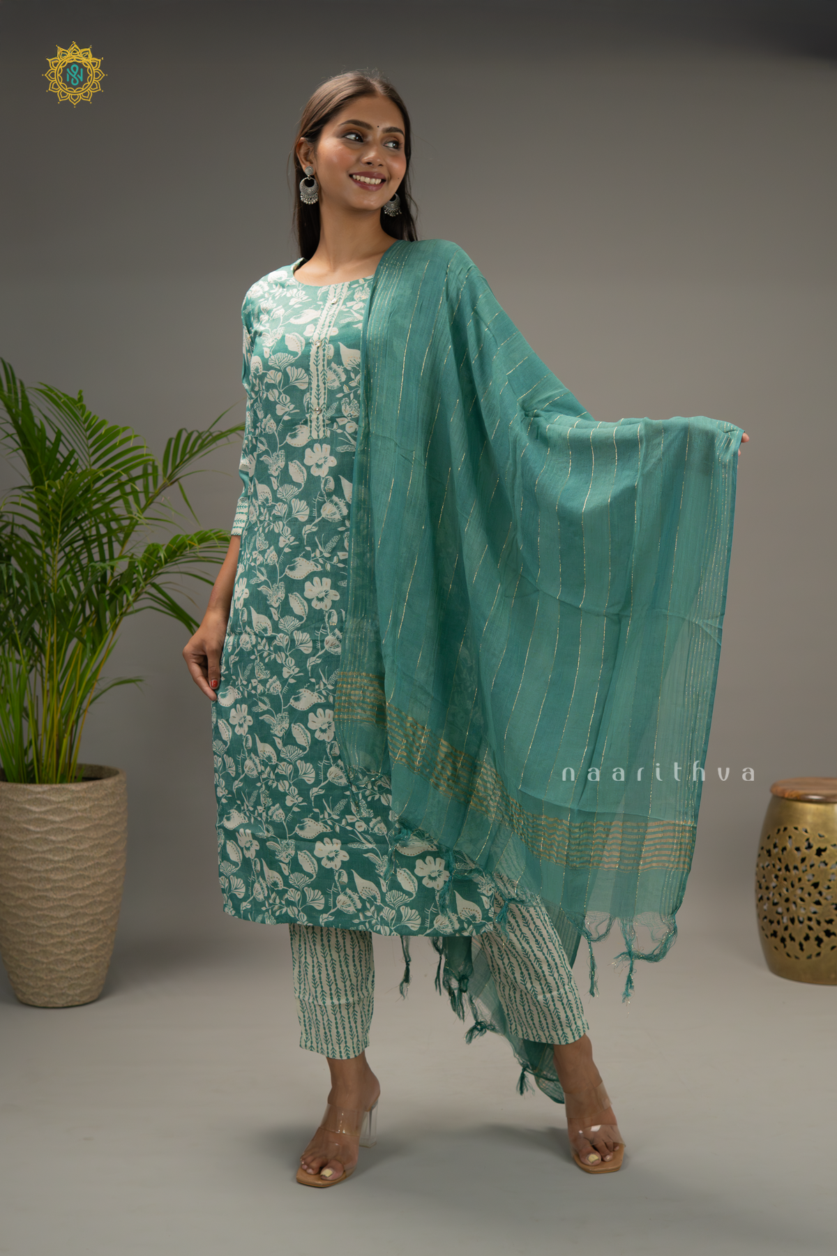 AQUA GREEN - COTTON 3PC SALWAR SUIT WITH PRINTED TOP, BOTTOM & DUPATTA