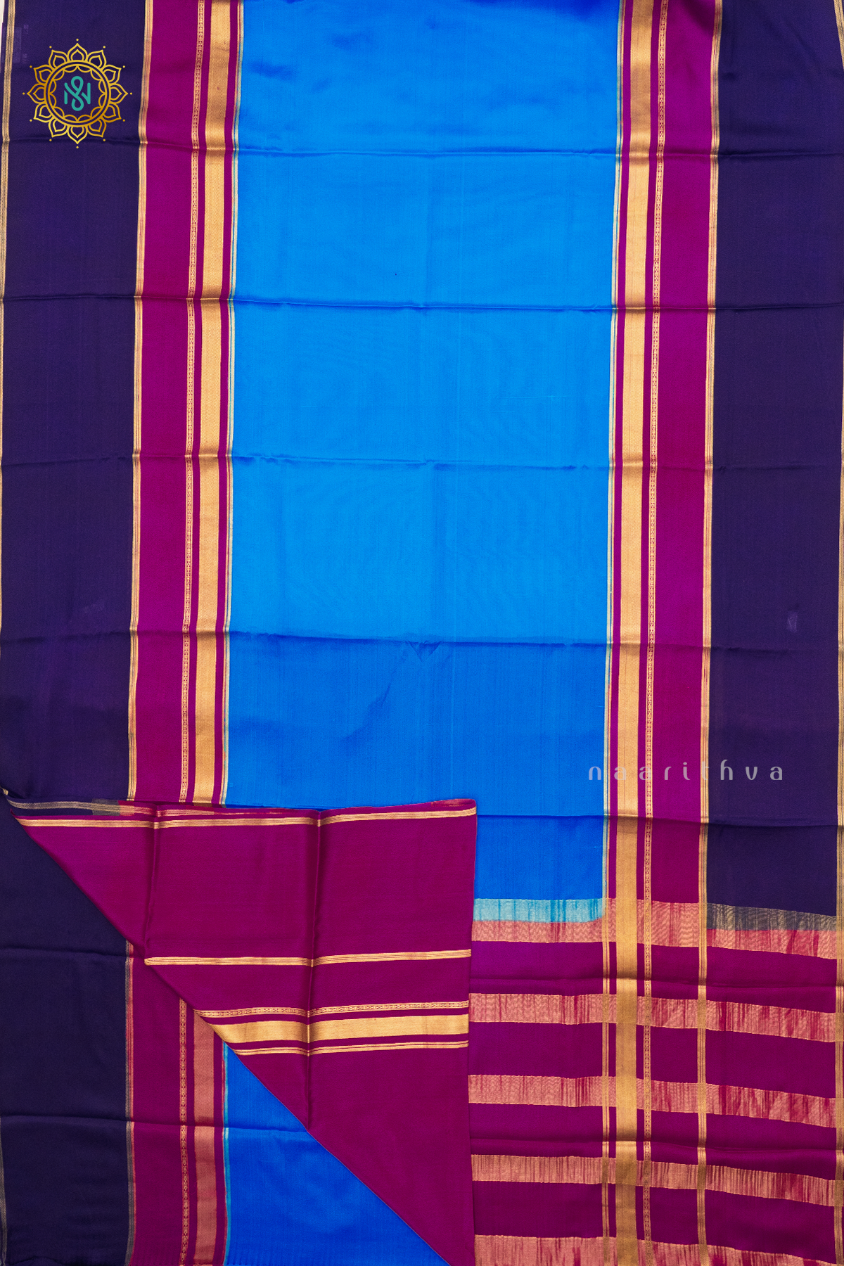 SKY BLUE WITH MAGENTA & NAVY BLUE - PURE MYSORE CREPE SILK