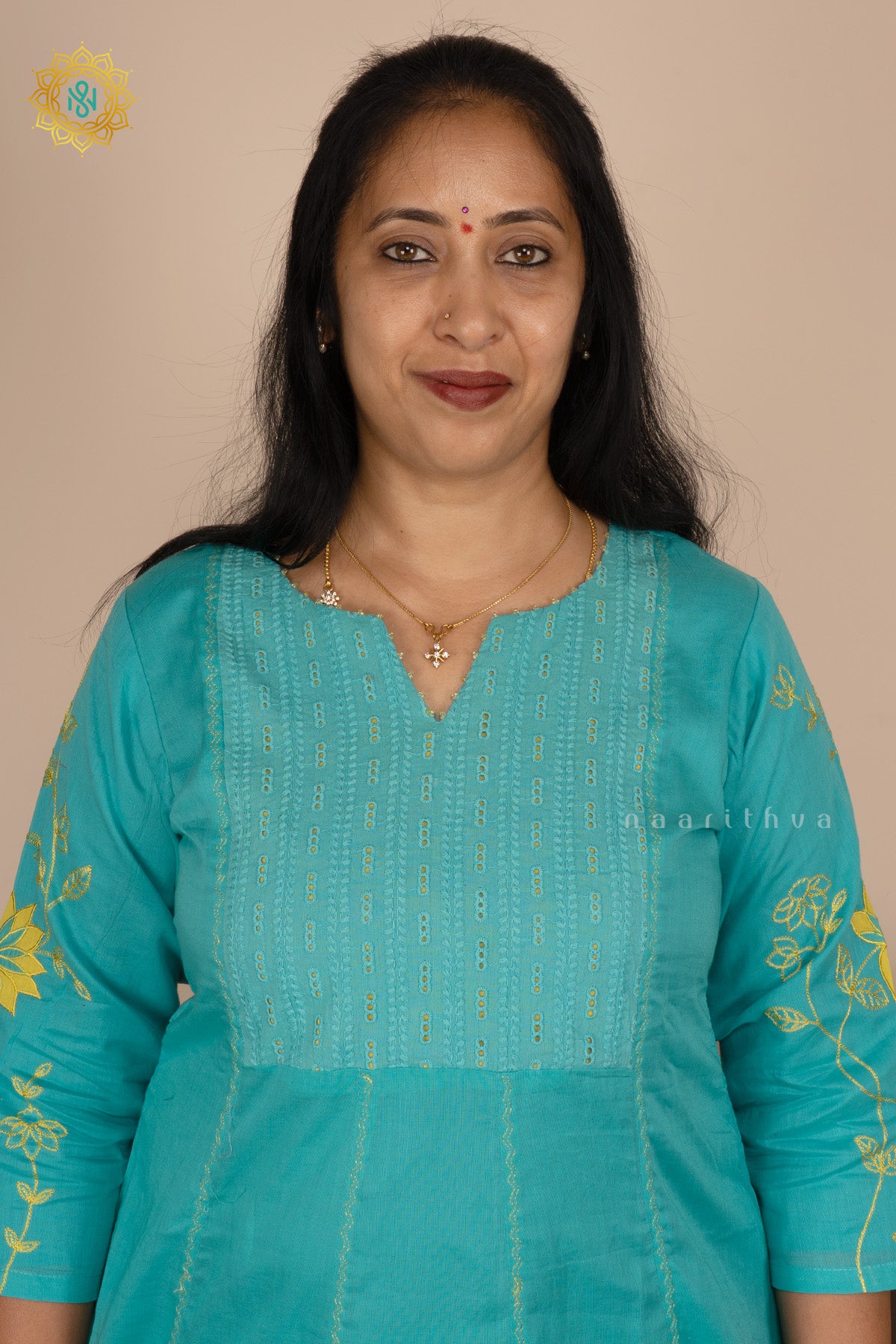 Aqua Blue with Yellow Mul Chanderi 3Pc Salwar Suit With Kota Cotton Dupatta