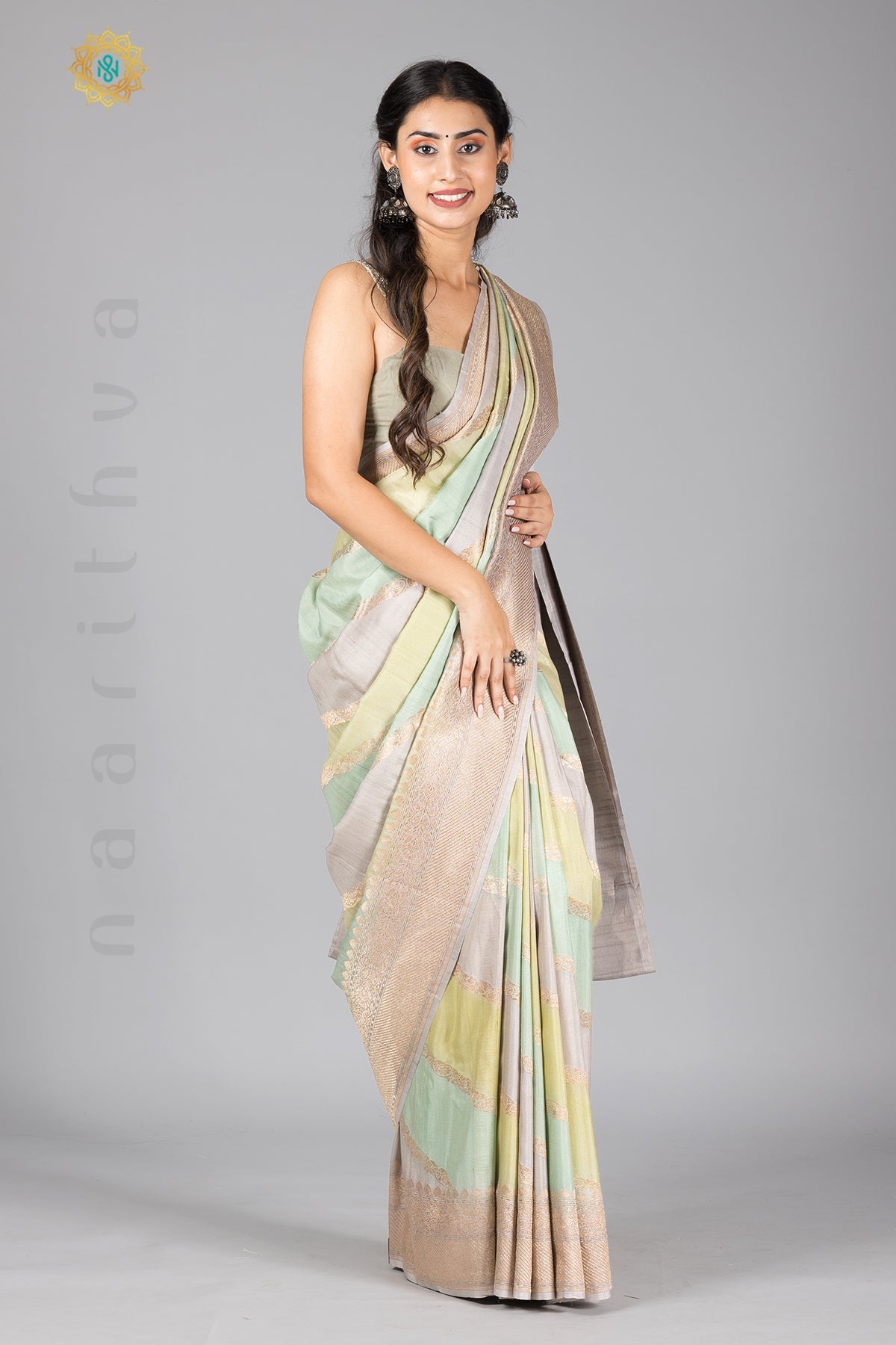PASTEL SHADES OF BLUE, GREEN & GREY - PURE HANDLOOM TUSSAR GEORGETTE WITH WATER ZARI WEAVES
