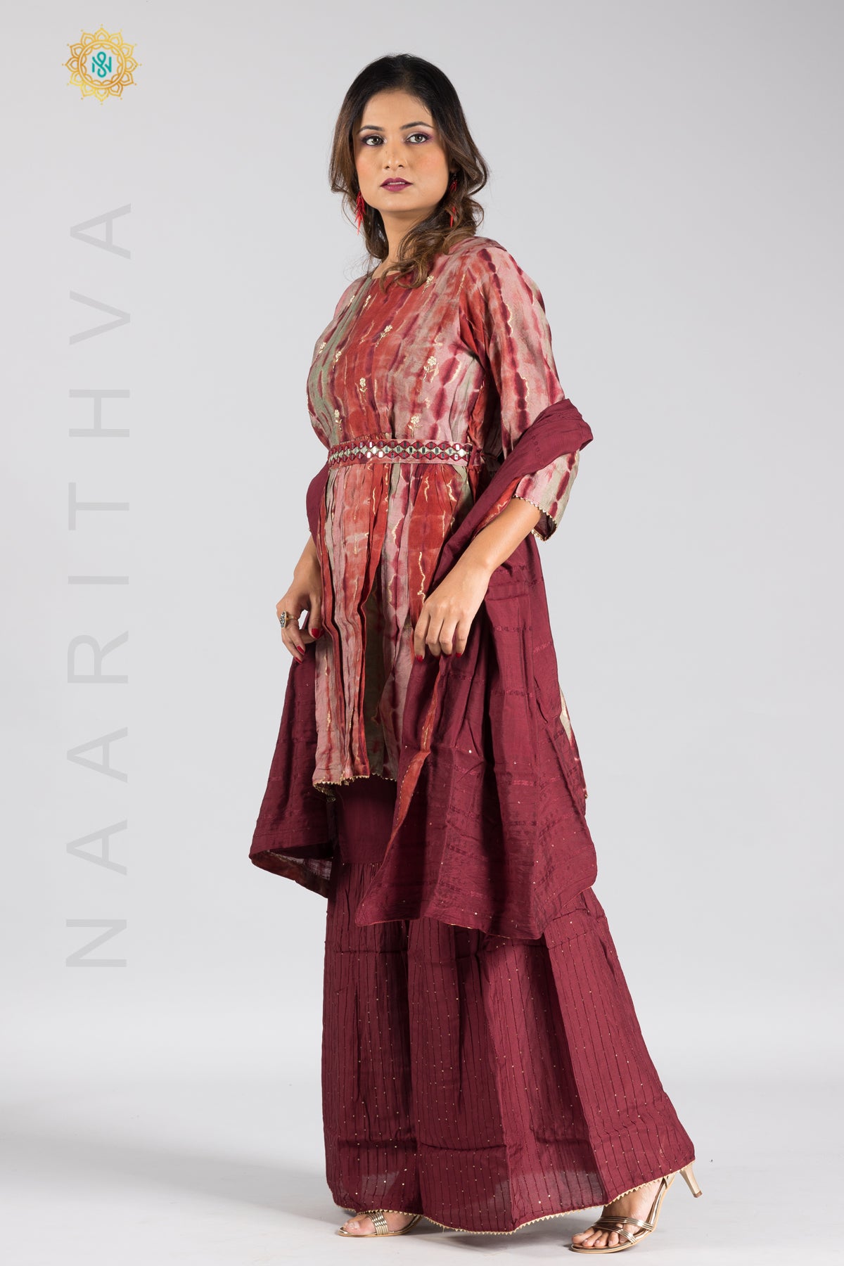 MAROON - PRINTED PAPLONE SALWAR SUIT WITH SHARARA PANT & DUPATTA