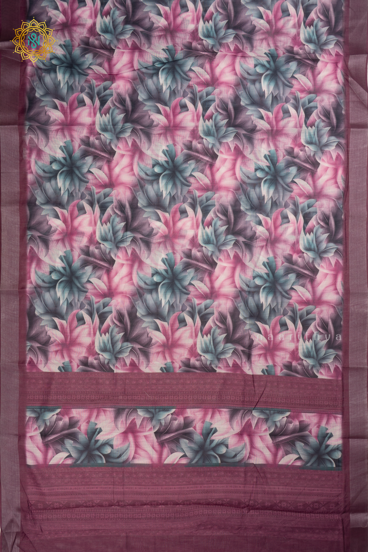 Deep Wine Linen By Cotton Saree With Floral Printed Body