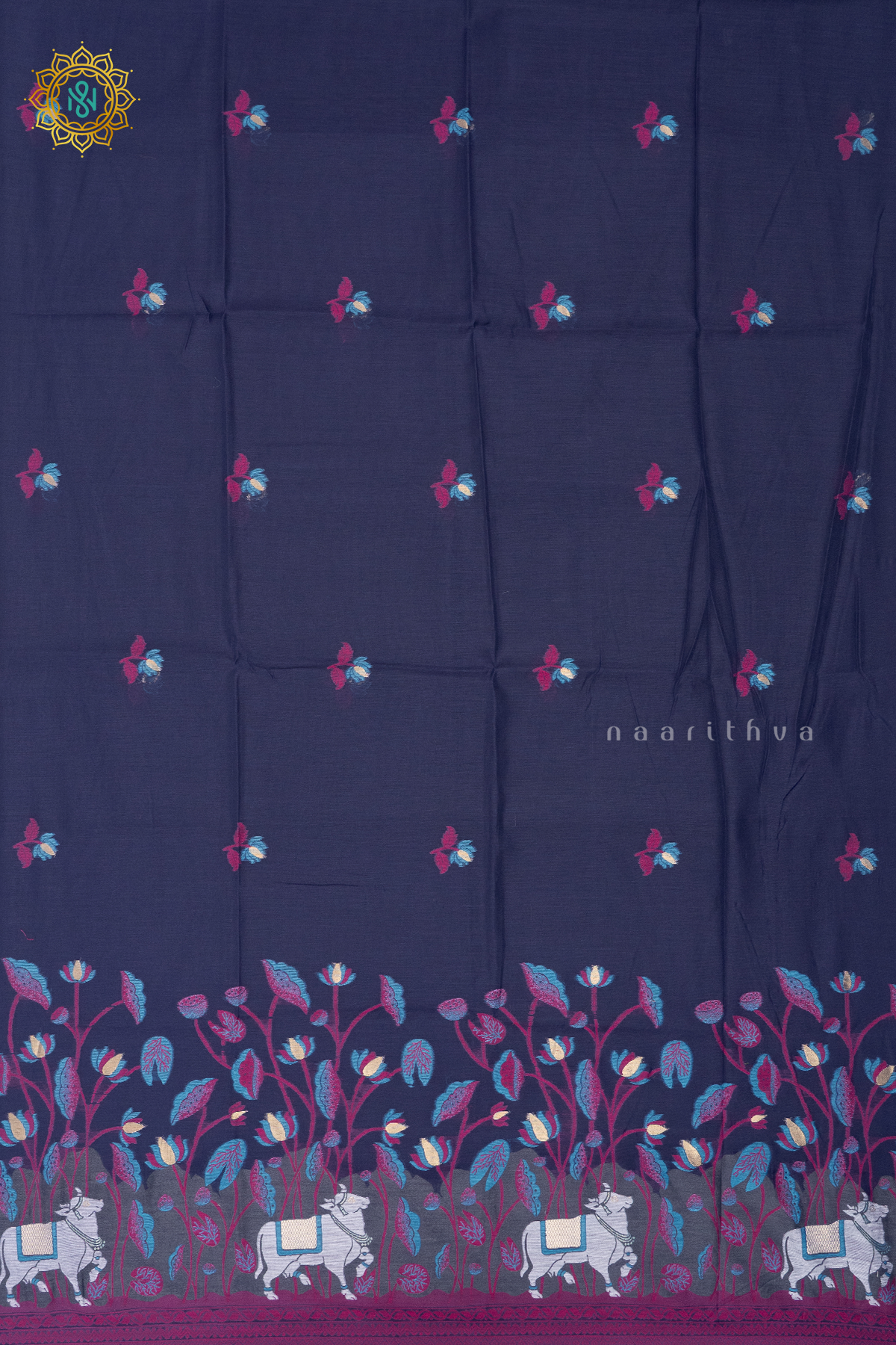 Navy Blue With Aqua Blue Moonga Cotton Saree With Thread Woven Buttas On The Body And Contrast Blouse