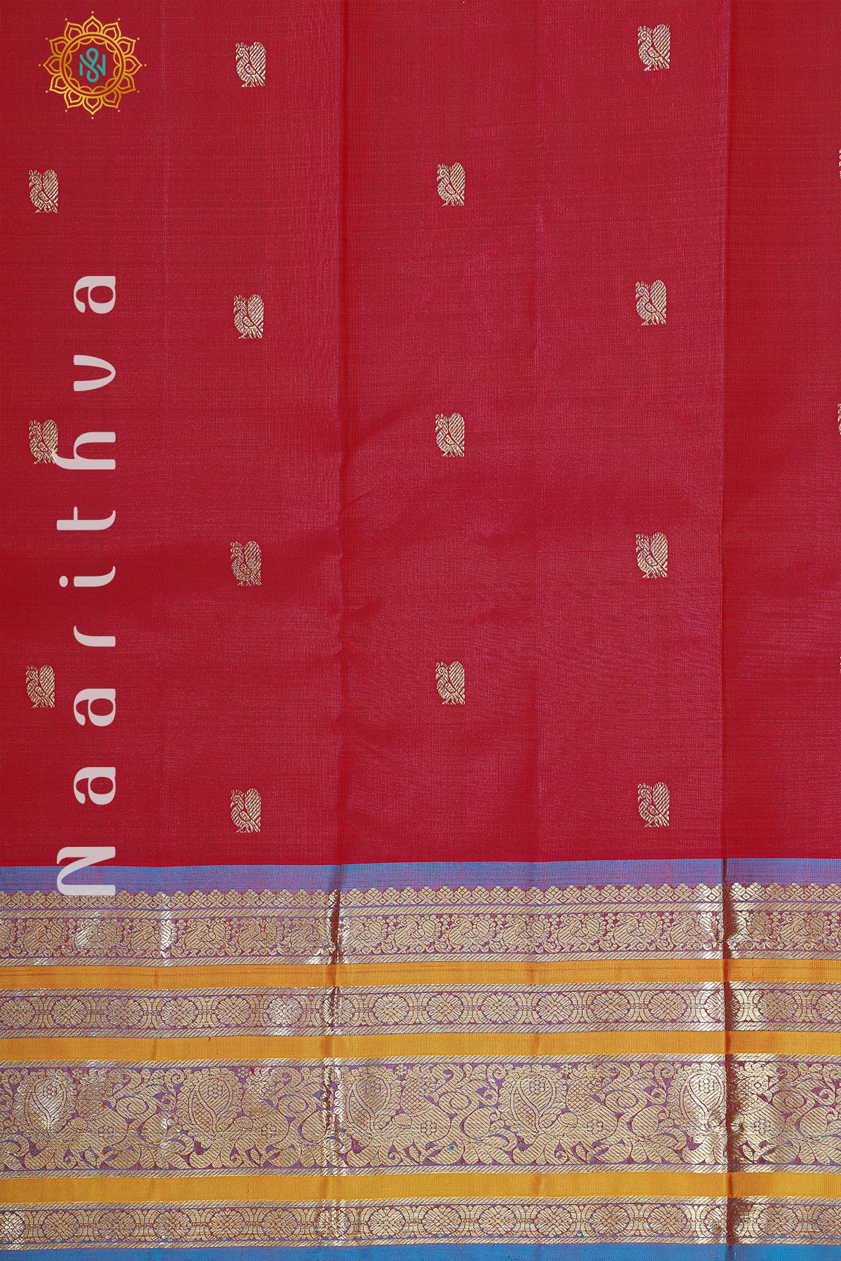 DUAL SHADE OF RED WITH MUSTARD & BLUE - PURE KANJIVARAM SILK