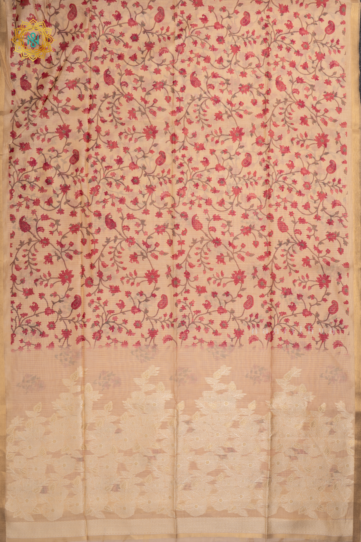 Beige With Pink Linen By Cotton Saree With Kalamkari Prints On The Body