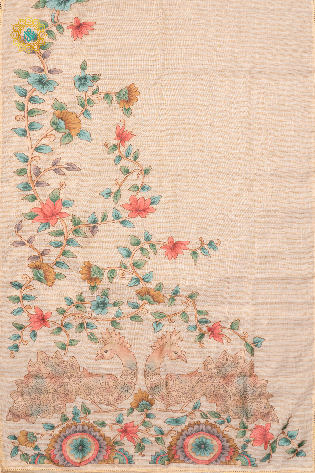 OFF WHITE WITH BEIGE - LINEN TISSUE WITH APPLIQUE WORK