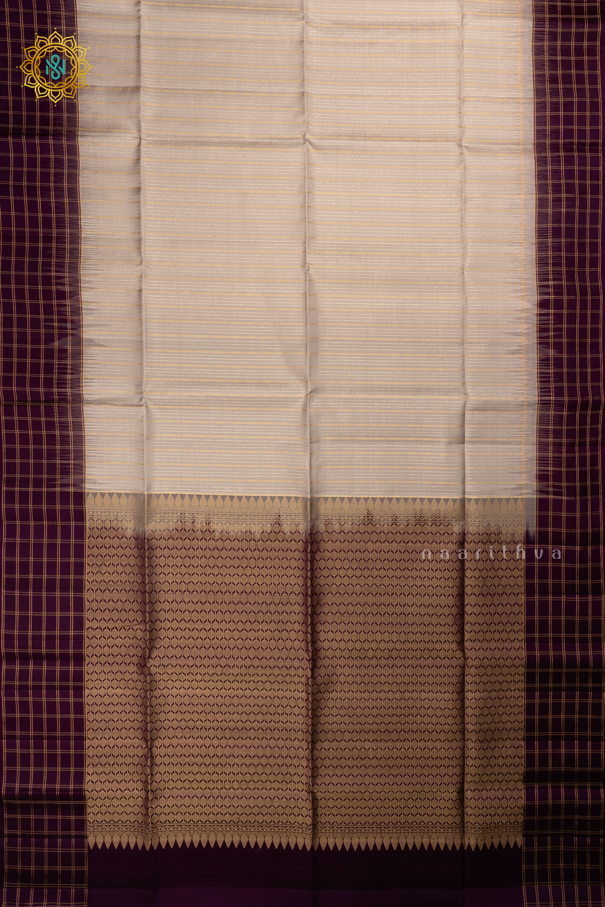 Grey with Purple Pure Kanjivaram Soft Silk Saree With Allover Zari Stripes and Contrast Zari Checks Border
