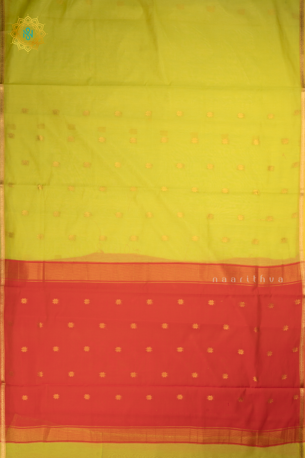 Green With Orange Silk Cotton Saree With Zari Woven Buttas And Contrast Zari Border