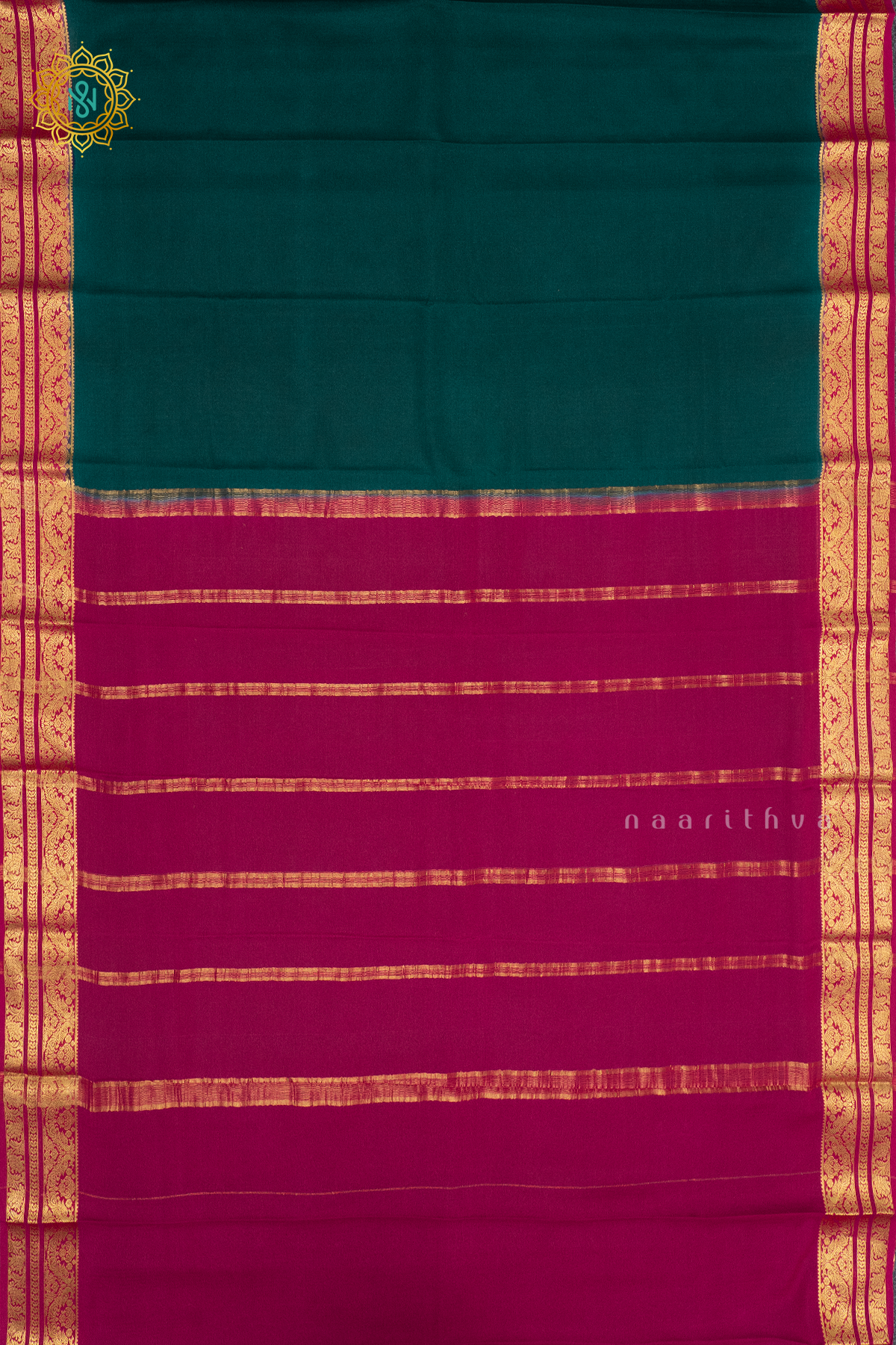 PEACOCK GREEN WITH PINK - PURE MYSORE CREPE SILK